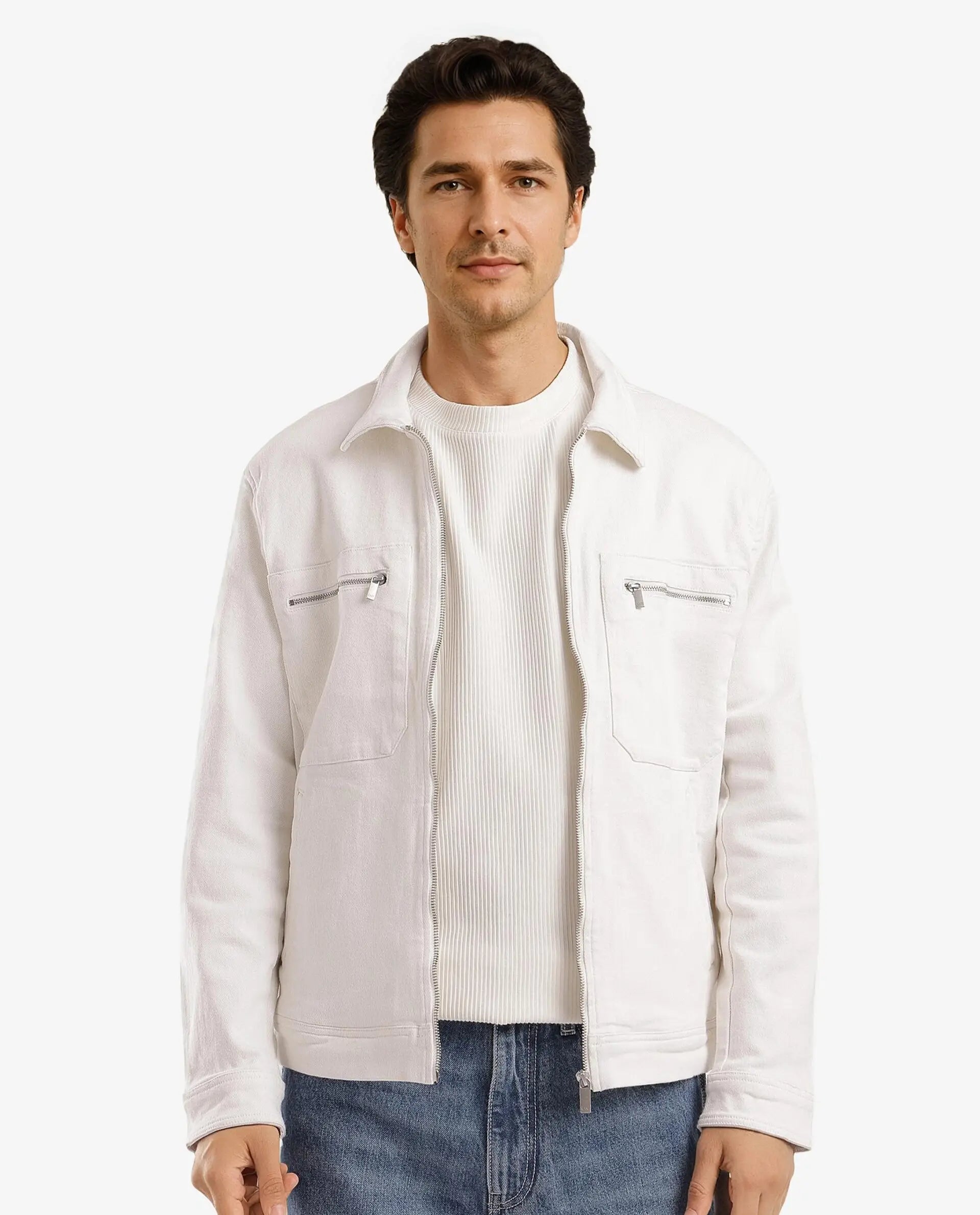 Rare Rabbit Men Denner Off White Cotton Polyester Fabric Full Sleeve Collared Zipper Closure Plain Jacket