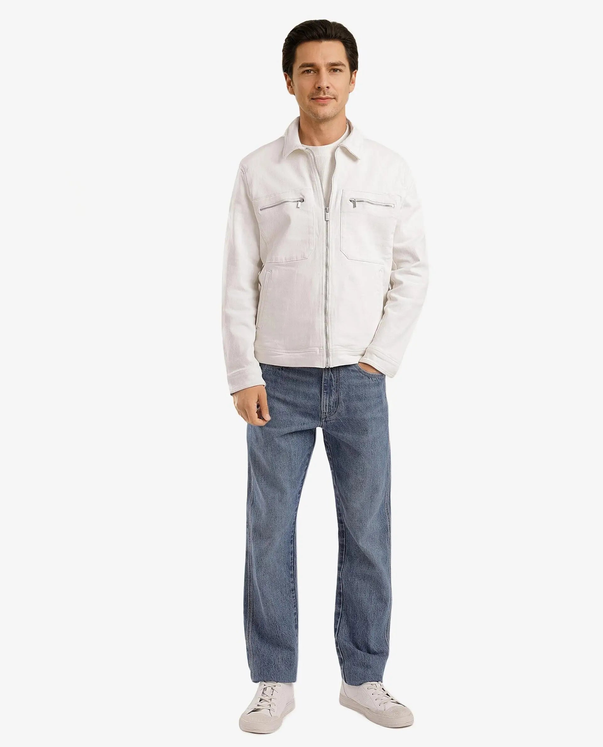 Rare Rabbit Men Denner Off White Cotton Polyester Fabric Full Sleeve Collared Zipper Closure Plain Jacket