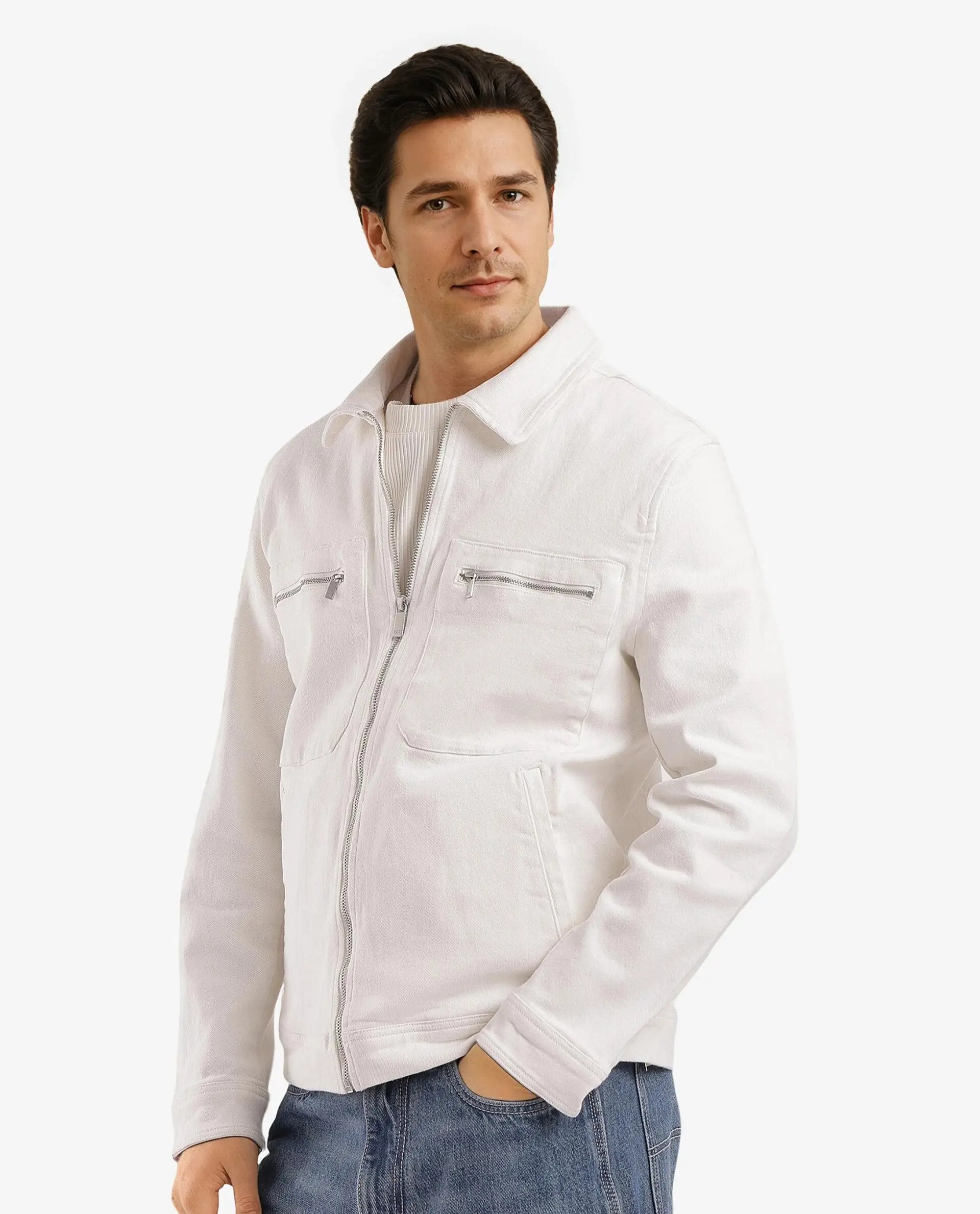 Rare Rabbit Men Denner Off White Cotton Polyester Fabric Full Sleeve Collared Zipper Closure Plain Jacket