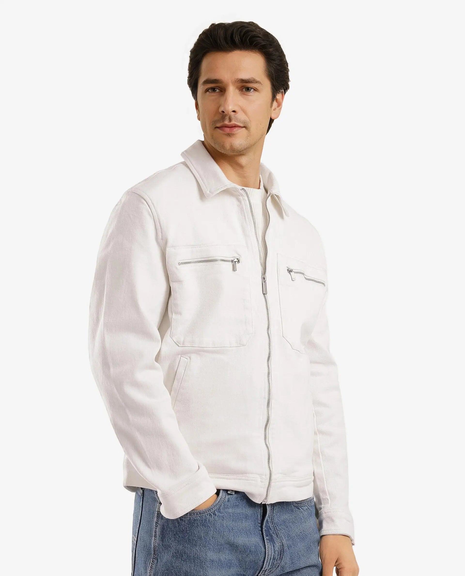 Rare Rabbit Men Denner Off White Cotton Polyester Fabric Full Sleeve Collared Zipper Closure Plain Jacket