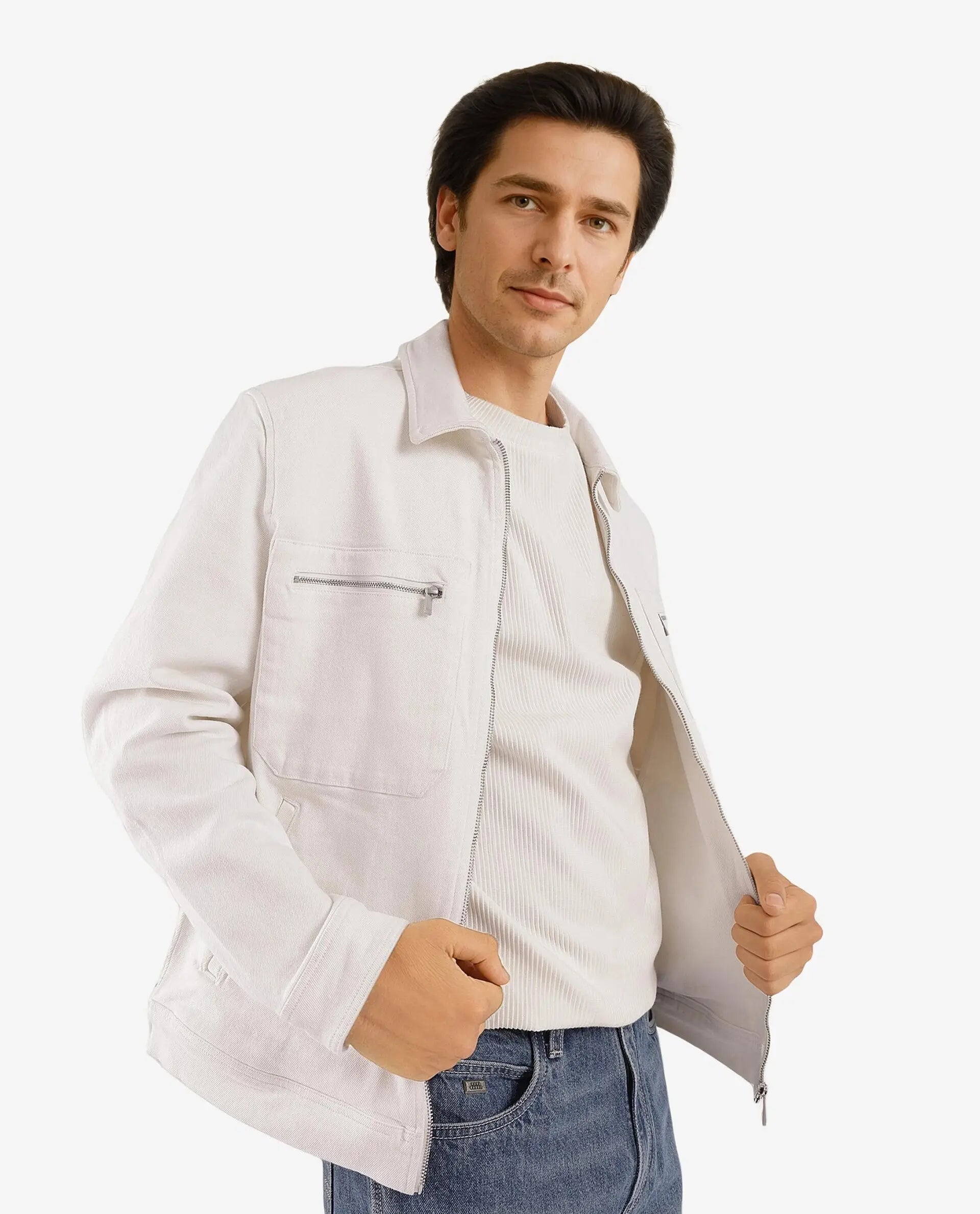 Rare Rabbit Men Denner Off White Cotton Polyester Fabric Full Sleeve Collared Zipper Closure Plain Jacket