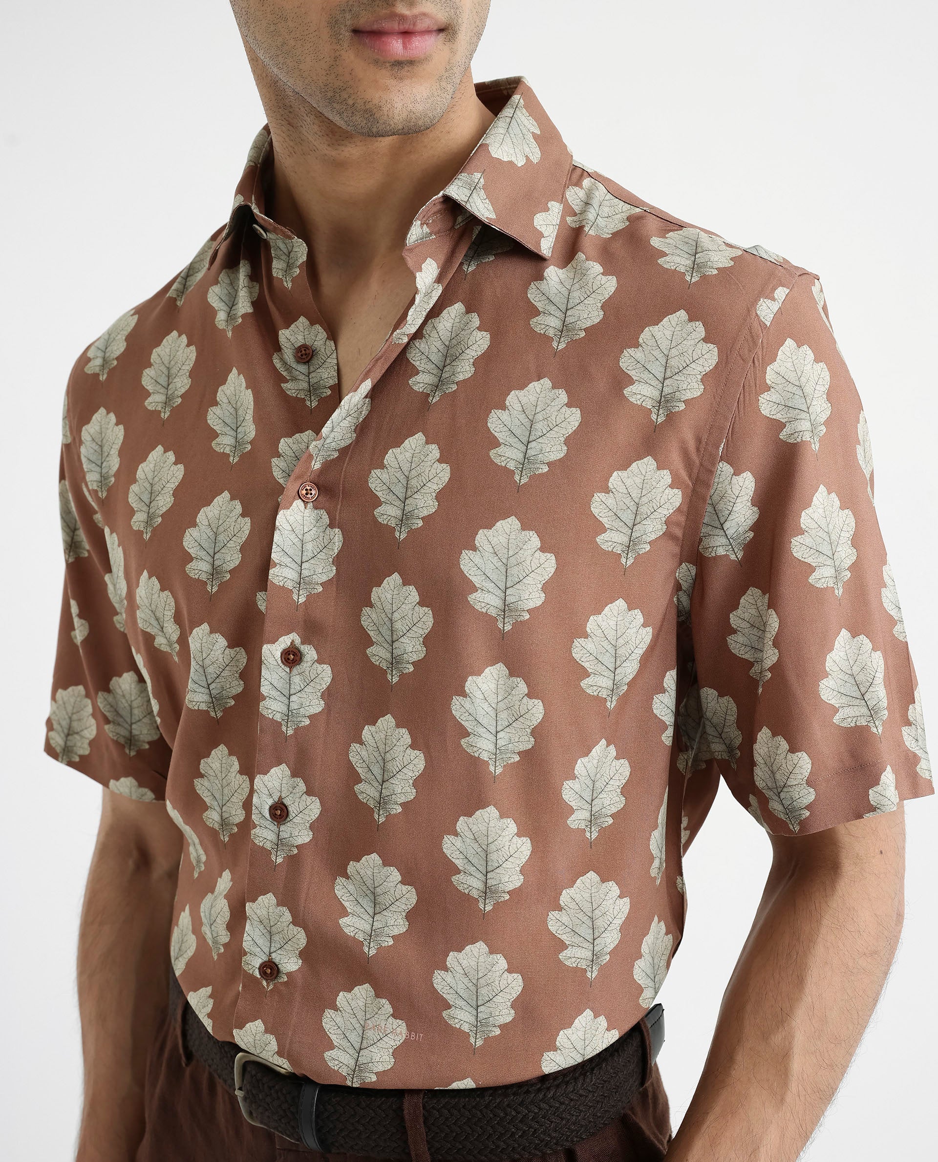 Rare Rabbit Men's Denno Brown Viscose Fabric Collared Neck Regular Fit Tropical Print Shirt