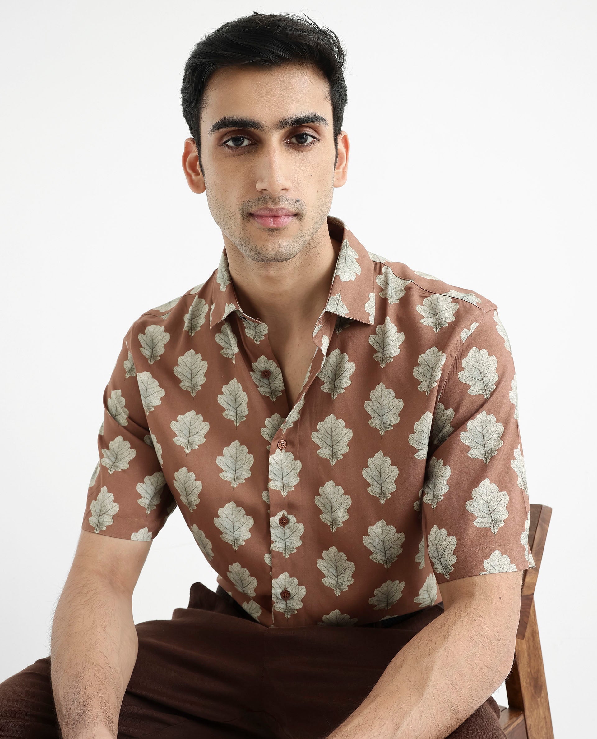 Rare Rabbit Men's Denno Brown Viscose Fabric Collared Neck Regular Fit Tropical Print Shirt