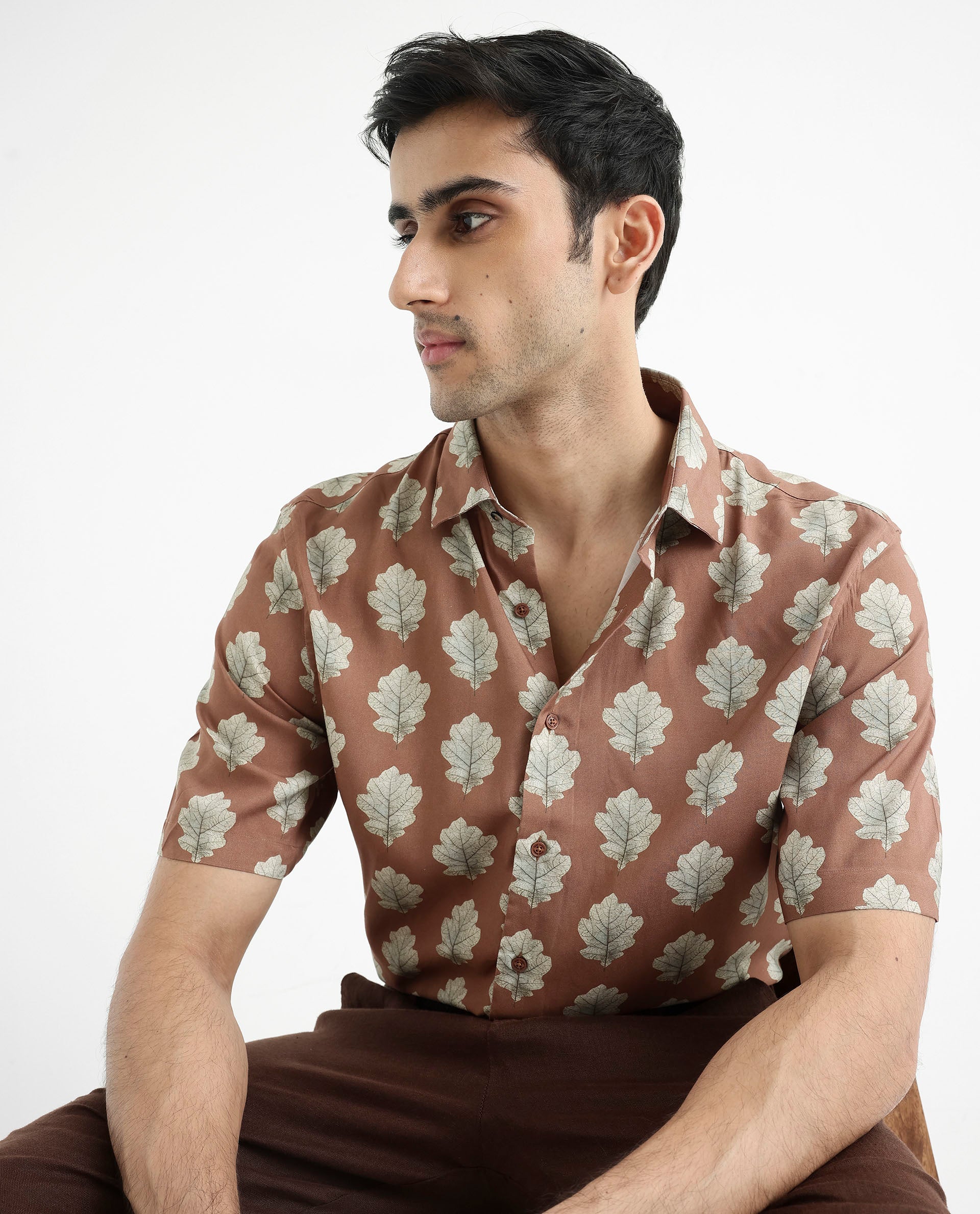 Rare Rabbit Men's Denno Brown Viscose Fabric Collared Neck Regular Fit Tropical Print Shirt