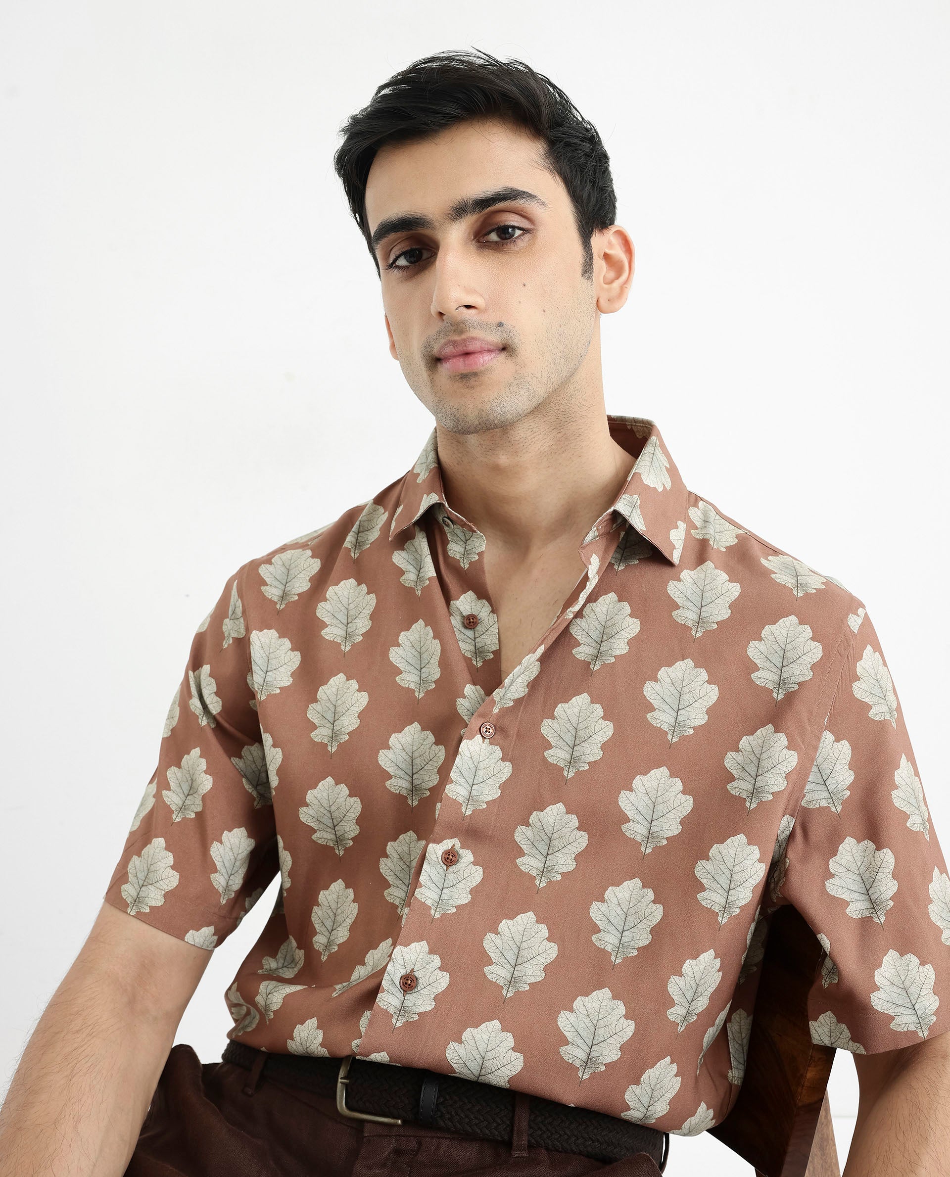Rare Rabbit Men's Denno Brown Viscose Fabric Collared Neck Regular Fit Tropical Print Shirt