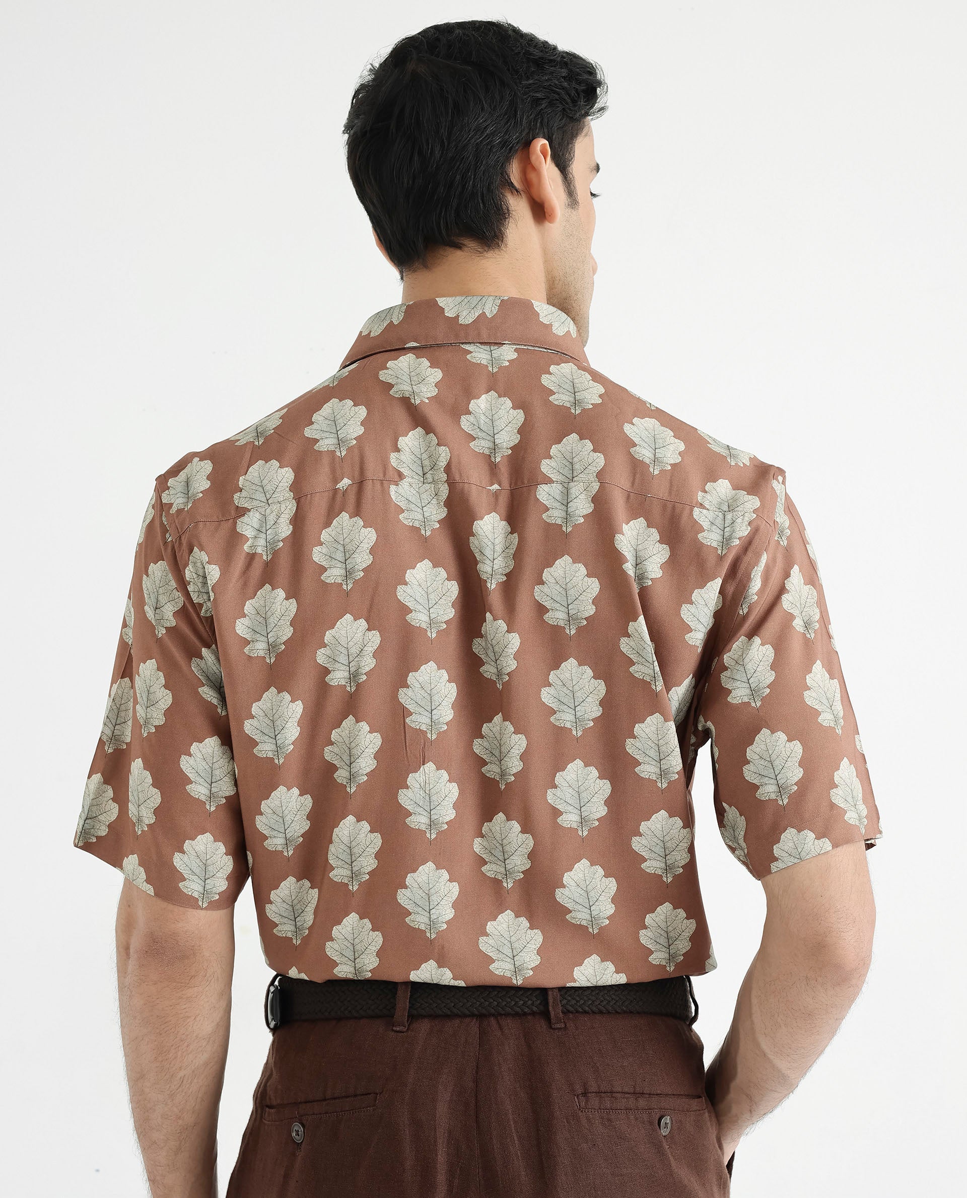 Rare Rabbit Men's Denno Brown Viscose Fabric Collared Neck Regular Fit Tropical Print Shirt