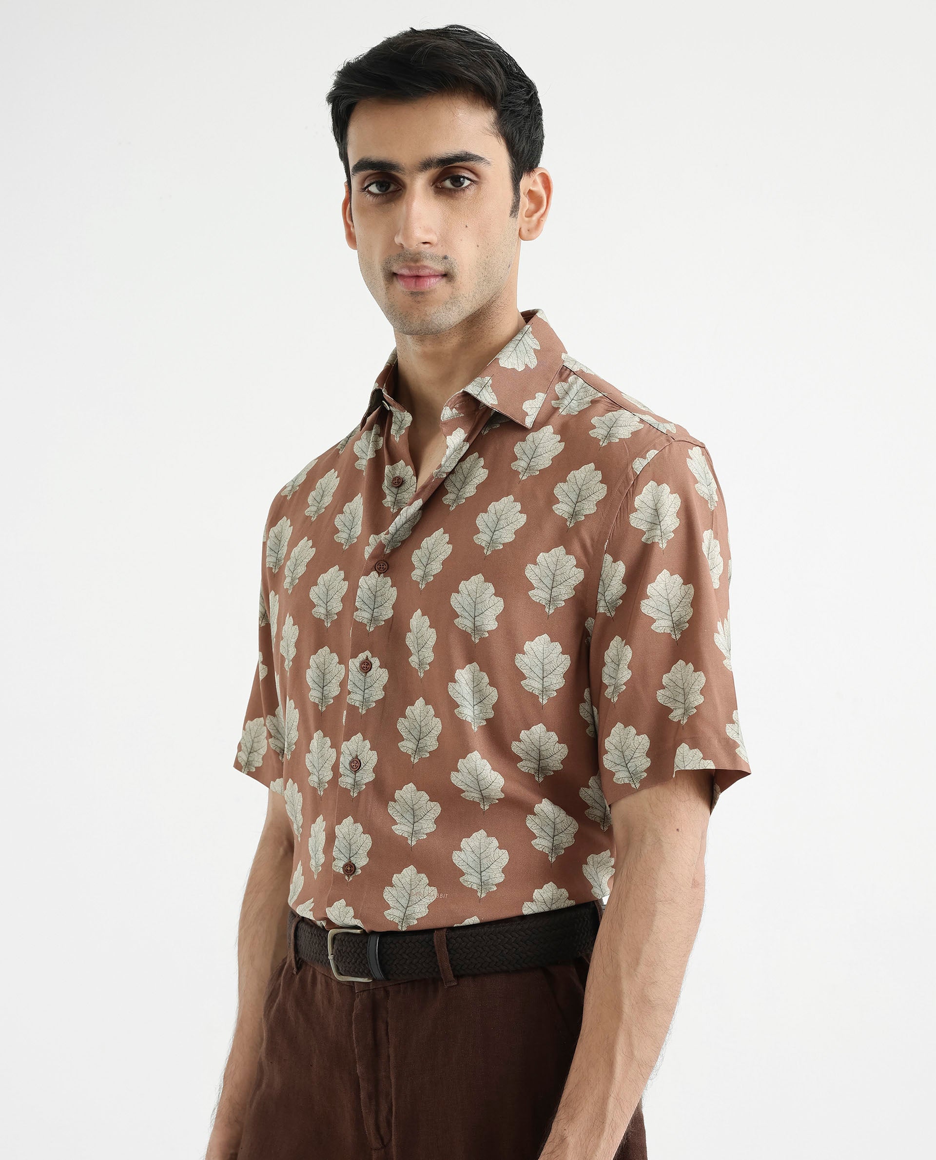 Rare Rabbit Men's Denno Brown Viscose Fabric Collared Neck Regular Fit Tropical Print Shirt
