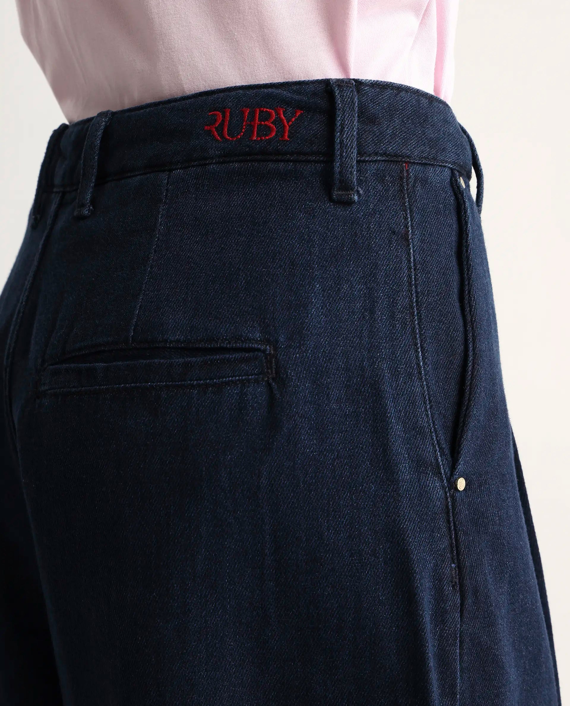 Rareism Women's Denop Dark Blue Cotton Carrot Plain Jeans