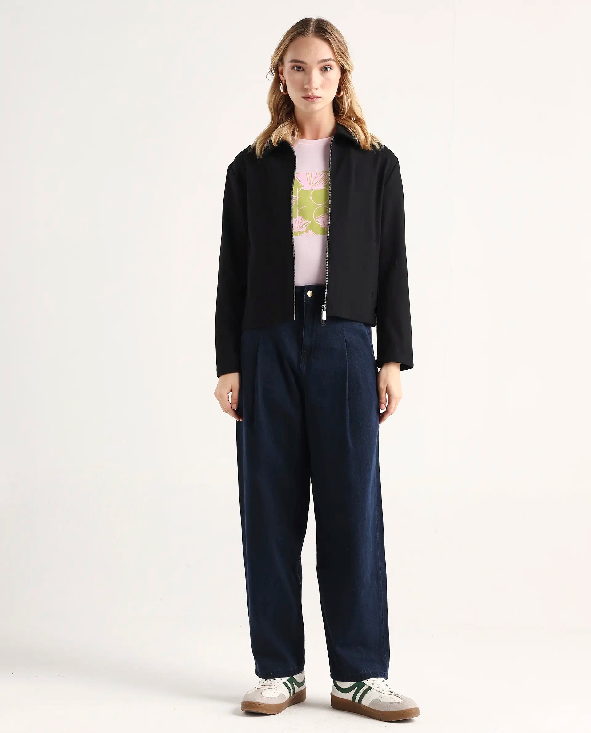 Rareism Women's Denop Dark Blue Cotton Carrot Plain Jeans