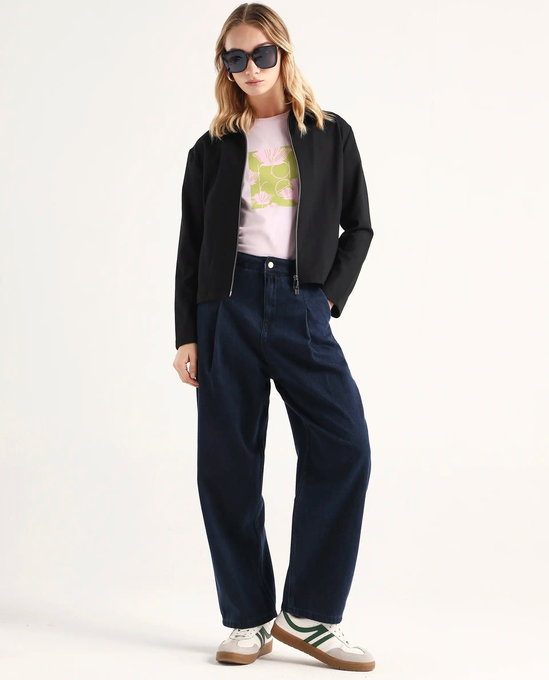 Rareism Women's Denop Dark Blue Cotton Carrot Plain Jeans