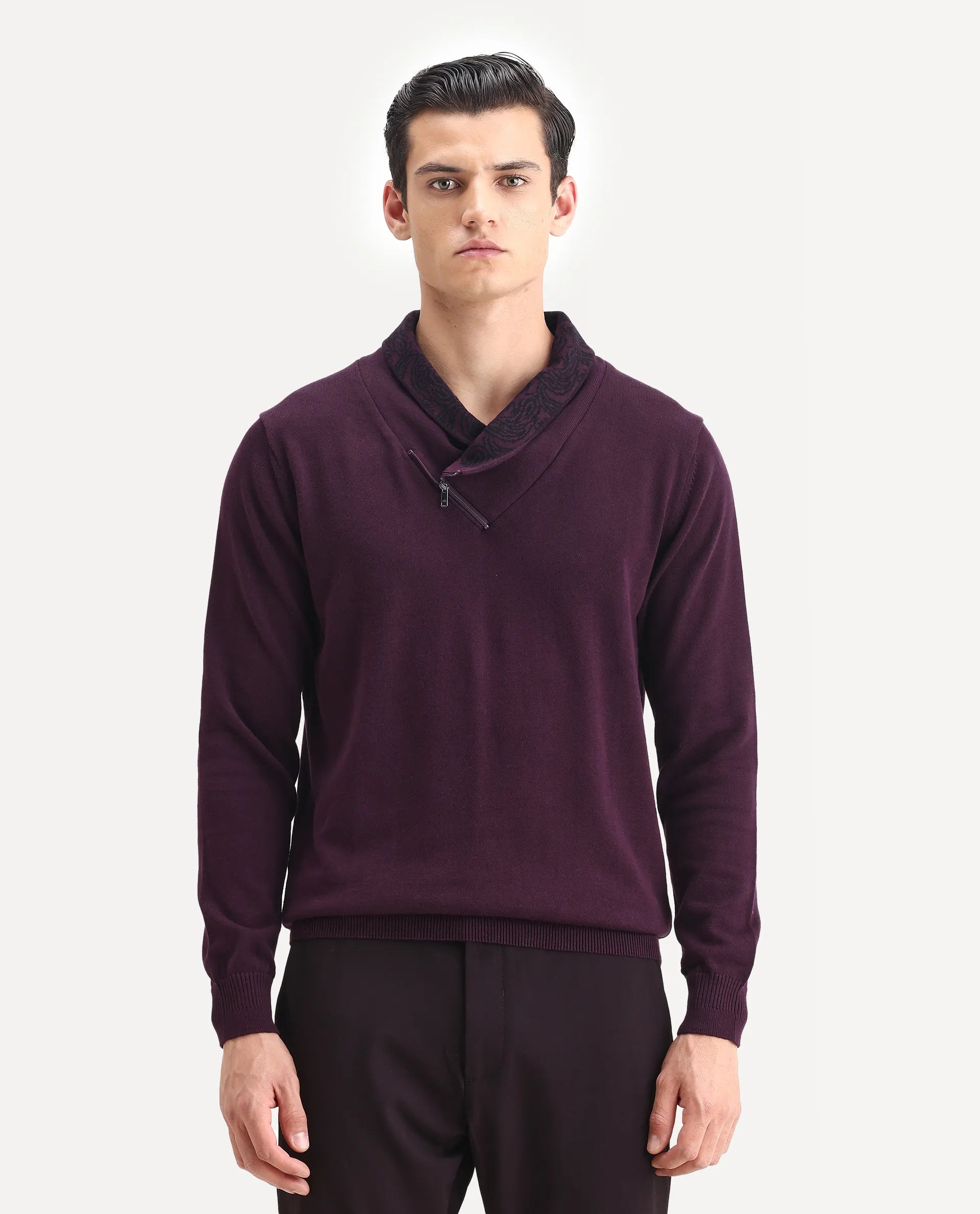 Rare Rabbit Men's Denor Purple Cotton Plain Regular Fit Full Sleeve Cowl Neck Sweater