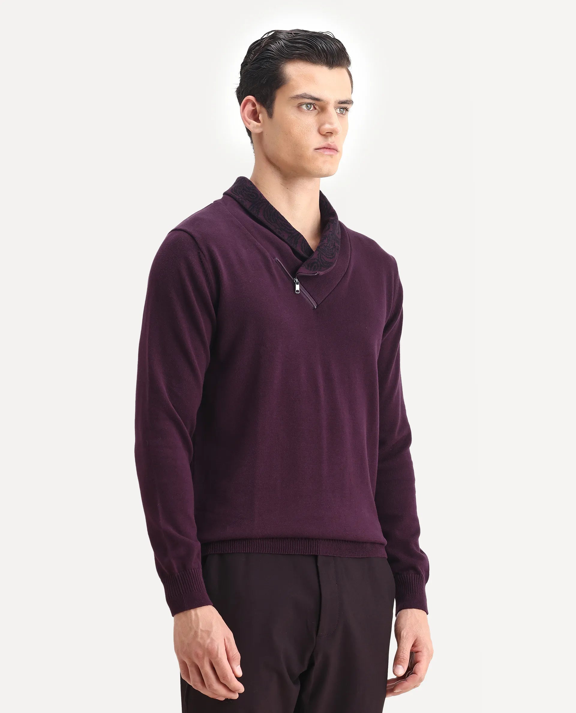 Rare Rabbit Men's Denor Purple Cotton Plain Regular Fit Full Sleeve Cowl Neck Sweater