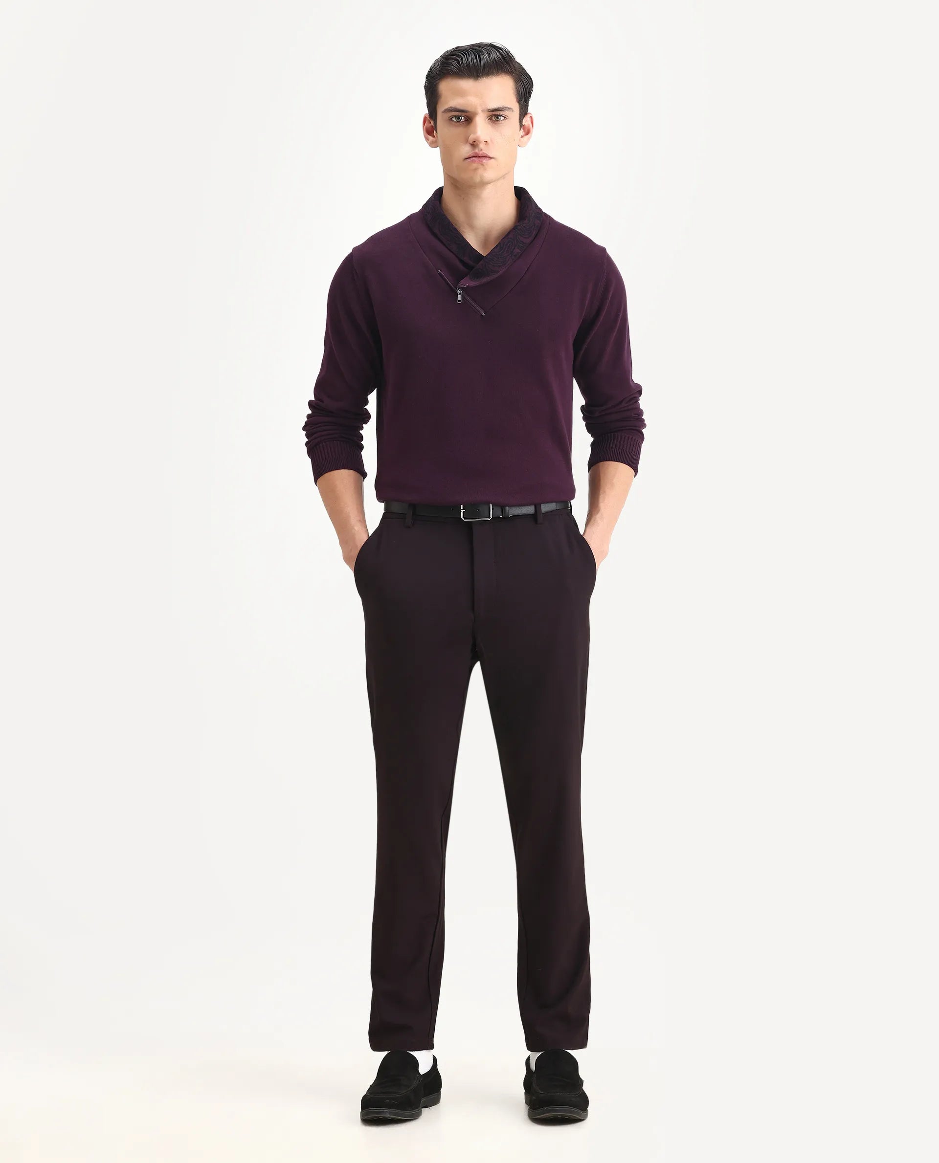 Rare Rabbit Men's Denor Purple Cotton Plain Regular Fit Full Sleeve Cowl Neck Sweater