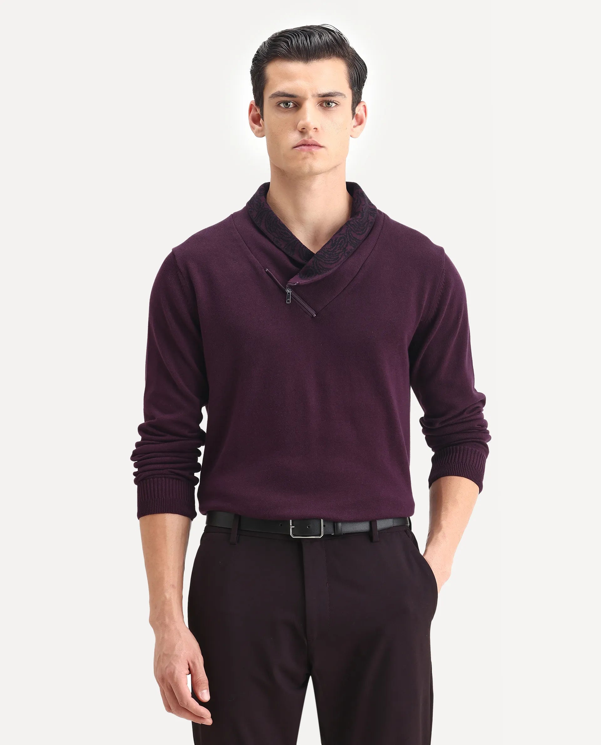 Rare Rabbit Men's Denor Purple Cotton Plain Regular Fit Full Sleeve Cowl Neck Sweater