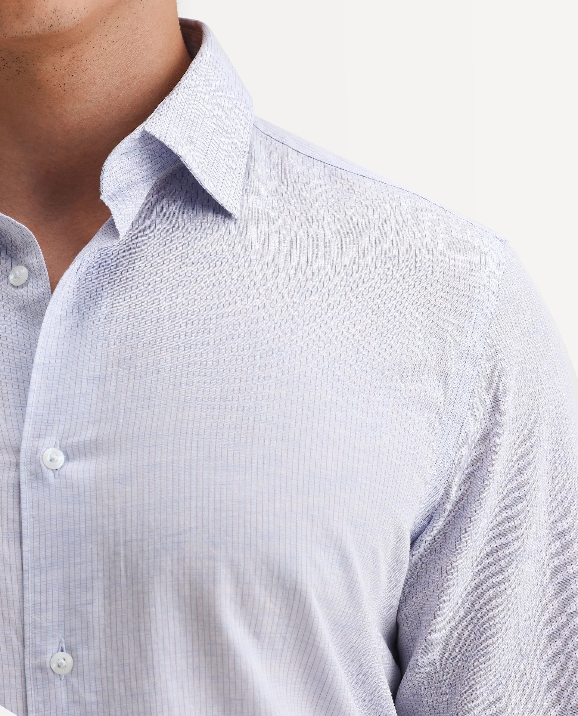 Rare Rabbit Men's Dento Light Blue Linen Blend Striped Print Regular Fit Full Sleeve Collared Shirt