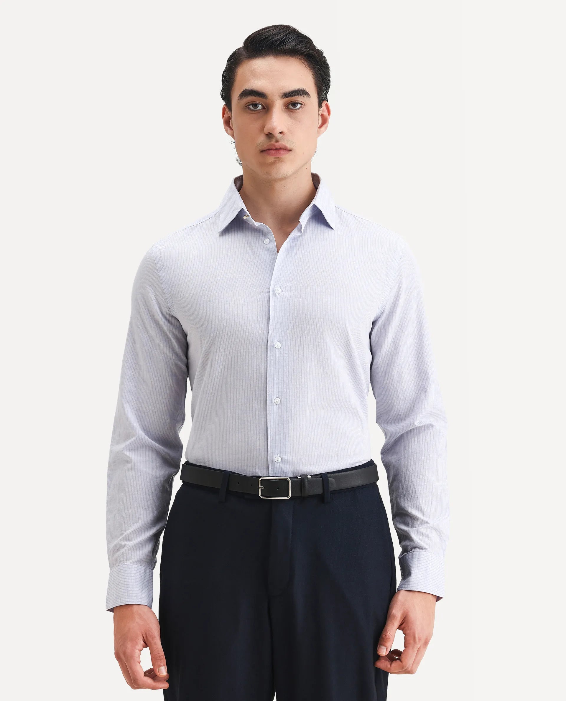 Rare Rabbit Men's Dento Light Blue Linen Blend Striped Print Regular Fit Full Sleeve Collared Shirt