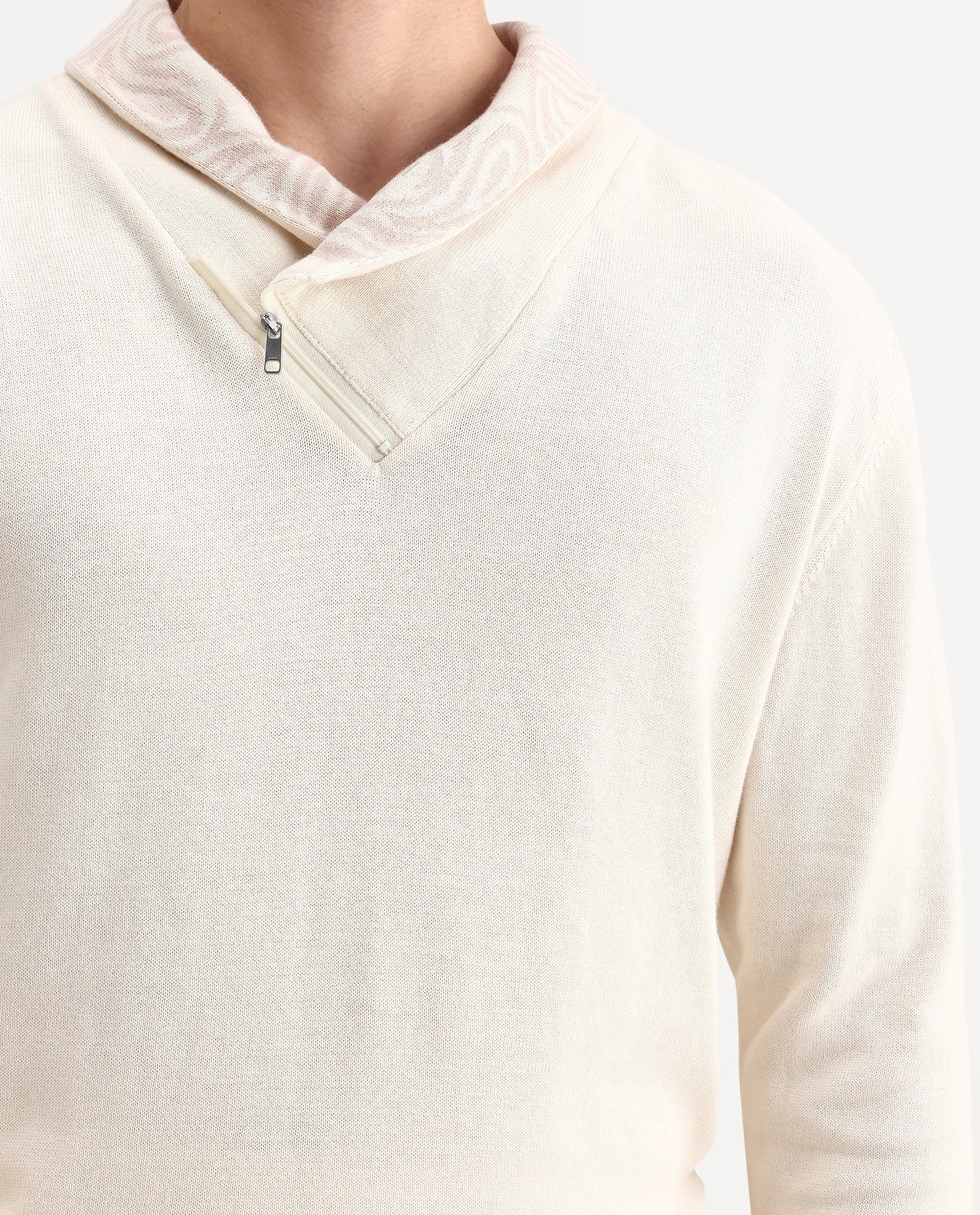 Rare Rabbit Men's Denver-25 Off White Cotton Plain Regular Fit Full Sleeve Shawl Neck Sweater