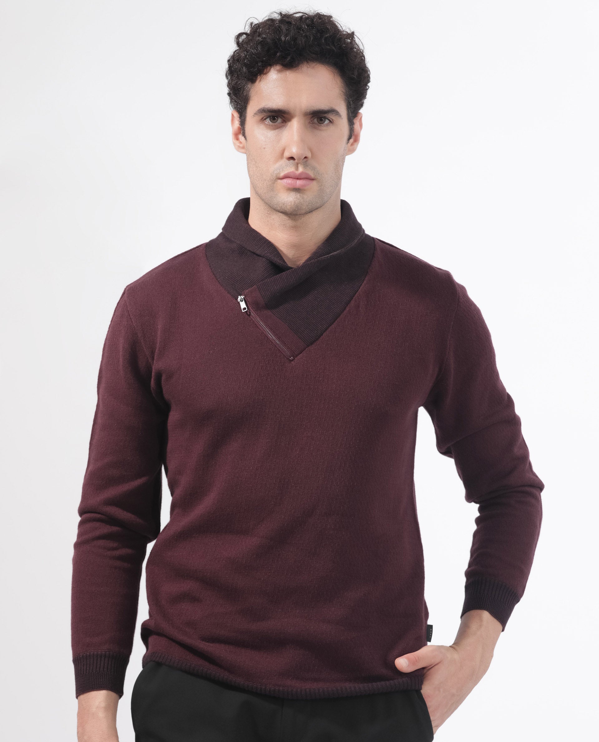 Rare Rabbit Mens Denver Brown Sweater Full Sleeve Collared Neck Solid