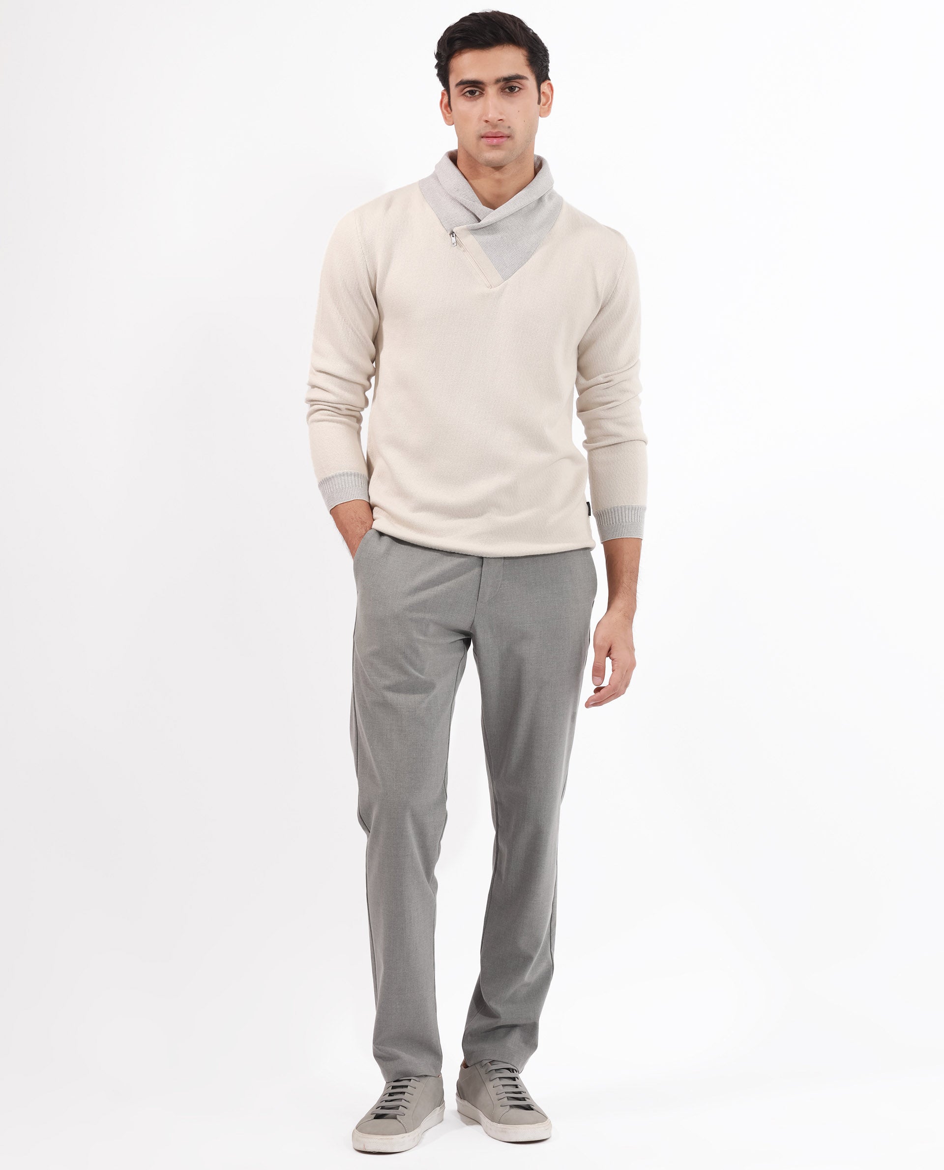 RARE RABBIT MENS DENVER OFF WHITE SWEATER FULL SLEEVE COLLARED NECK SOLID