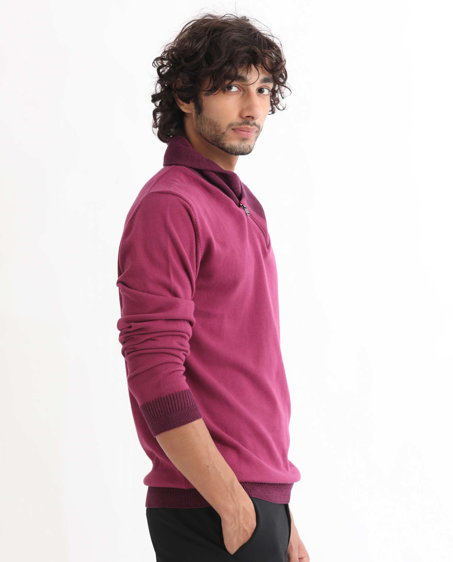 Rare Rabbit Mens Denver Pink Cotton Fabric Shawl Neck Full Sleeves Zipper Closure Regular Fit Sweater