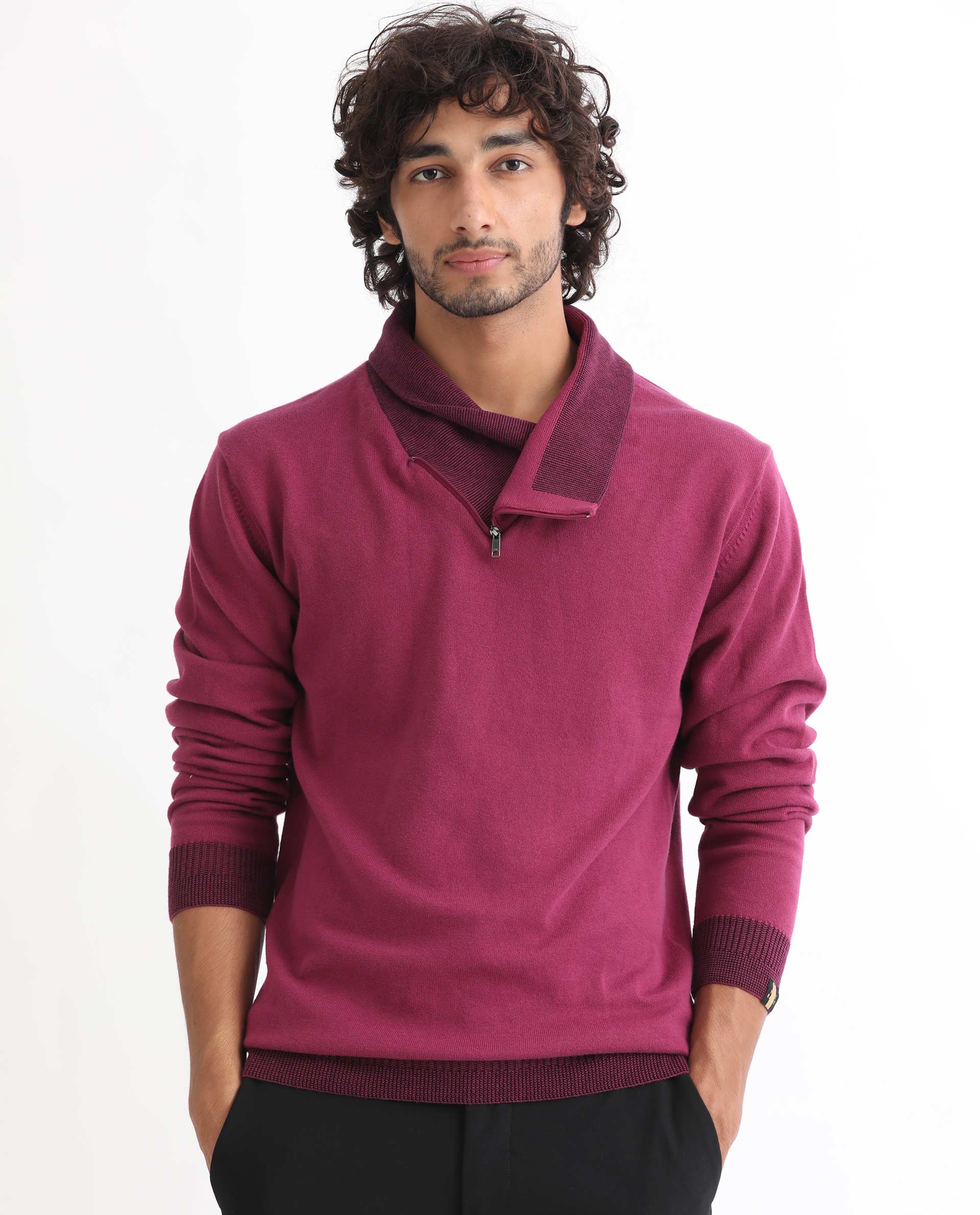 Rare Rabbit Mens Denver Pink Cotton Fabric Shawl Neck Full Sleeves Zipper Closure Regular Fit Sweater