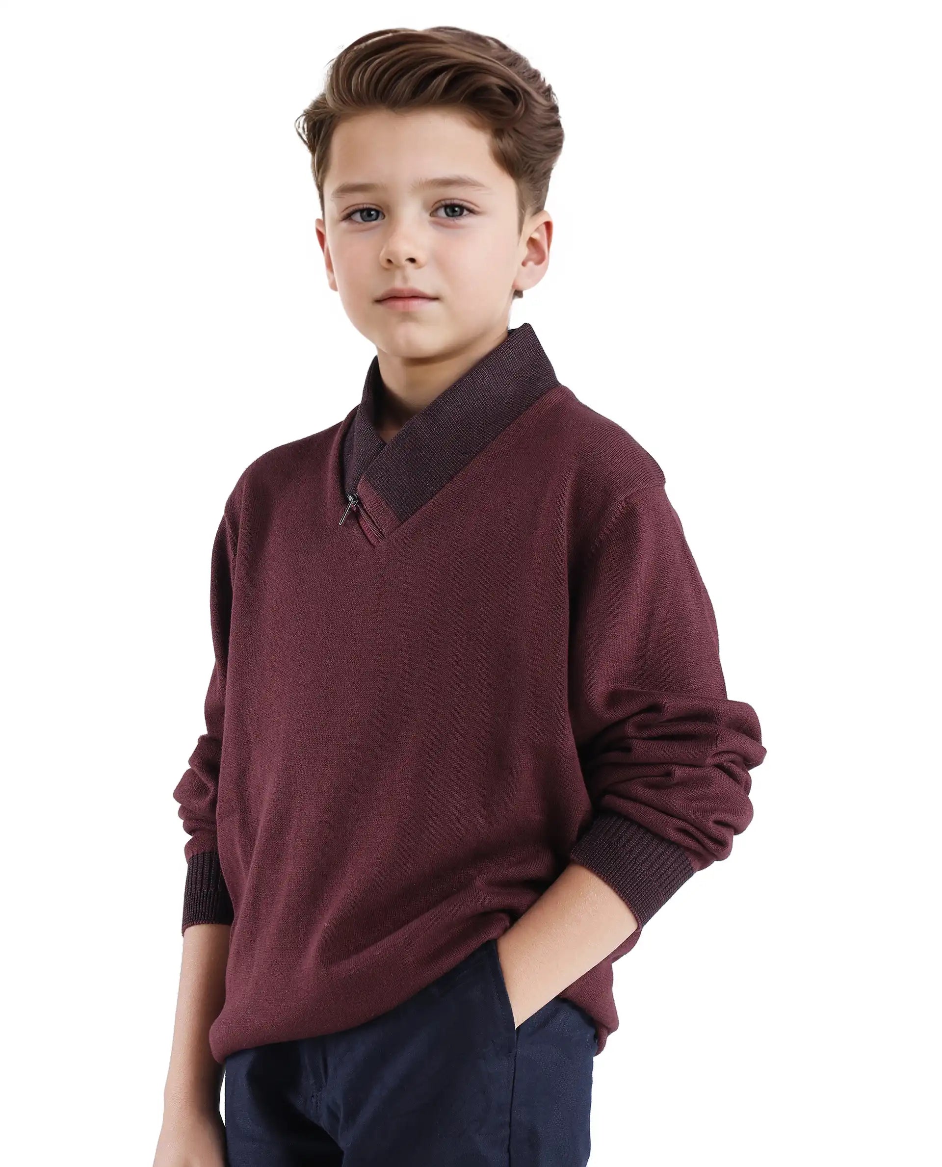 Rare Ones Kids Denv Maroon Full Sleeve Casual Zipper Regular Sweater