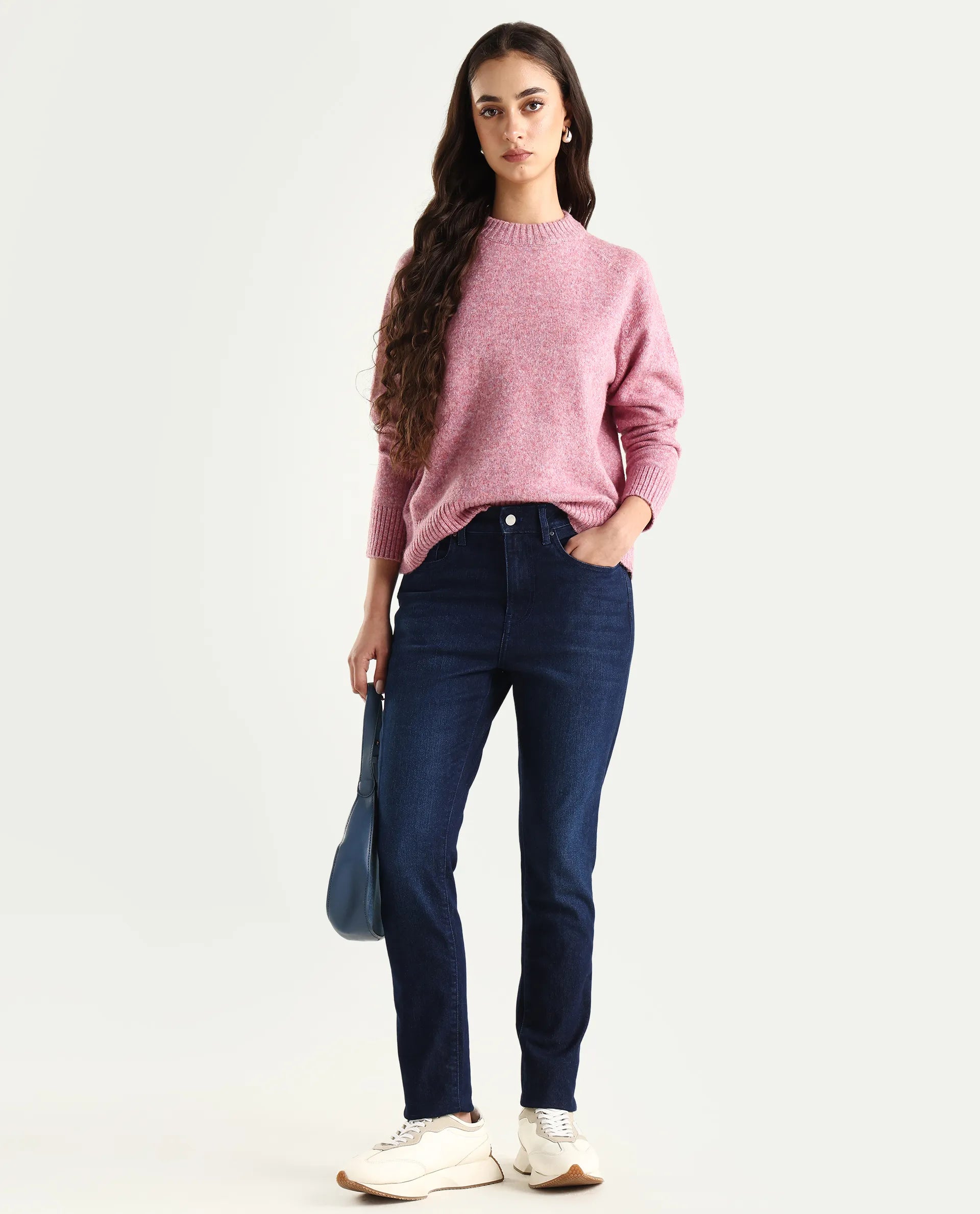 Rareism Women's Denvo Blue Cotton Blend Skinny Plain Jeans