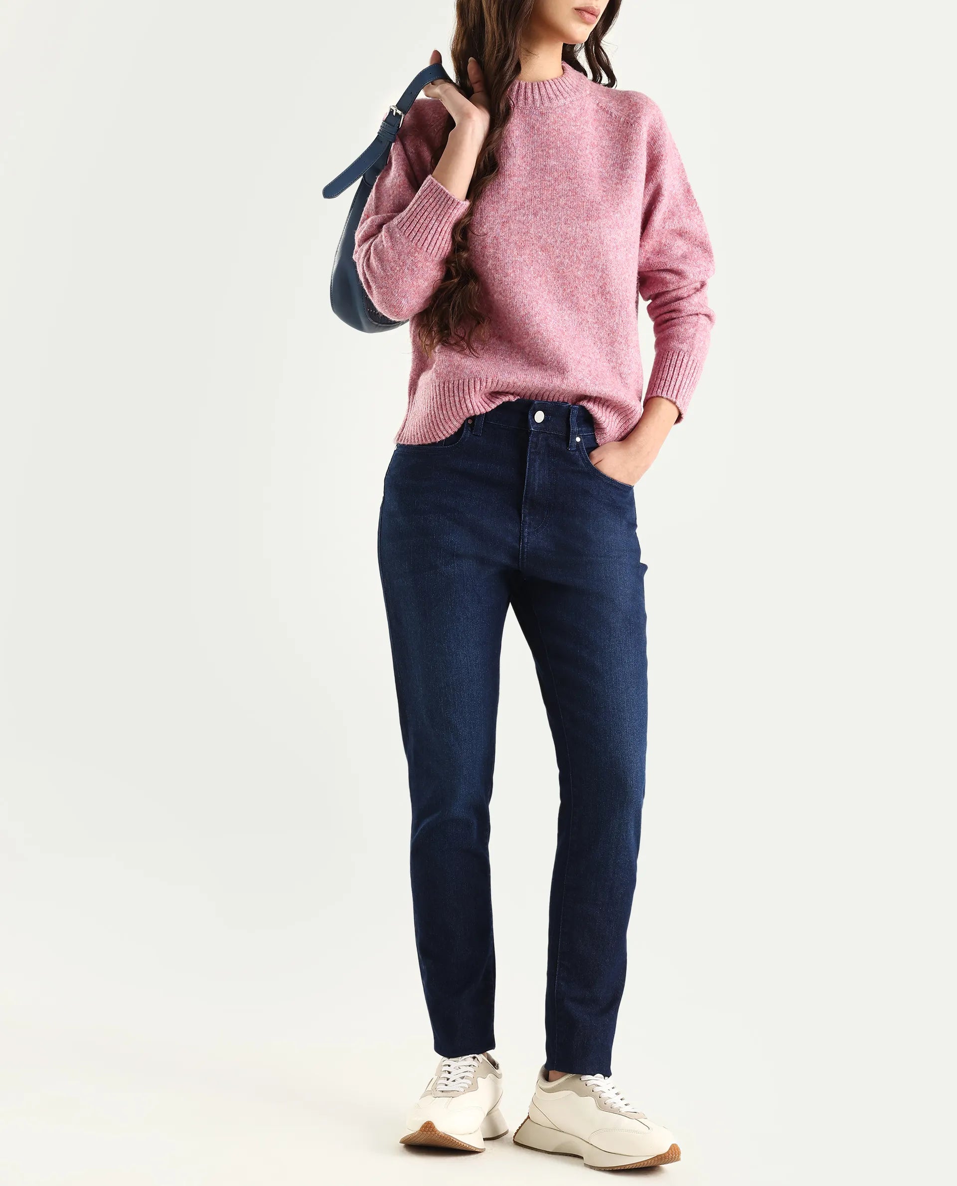 Rareism Women's Denvo Blue Cotton Blend Skinny Plain Jeans