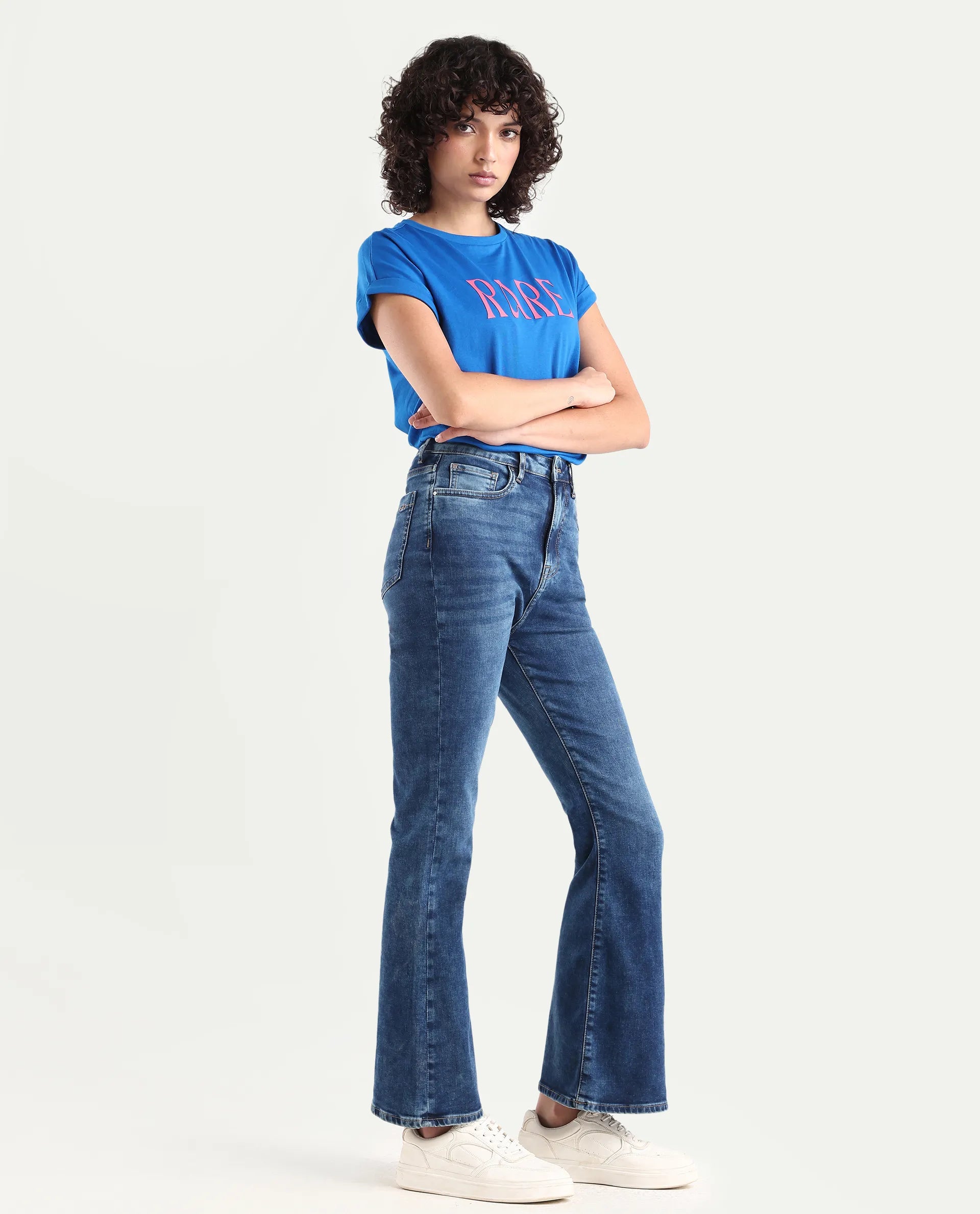 Rareism Women's Denza Blue Cotton Blend Bootcut Plain Jeans