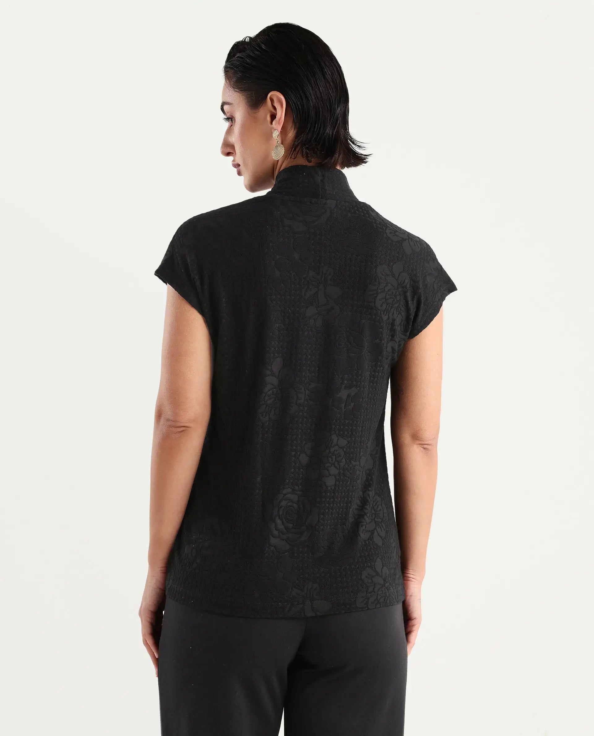 Rareism Women's Deone Black Polyester Blend V-Neck Plain Extended Sleeves Regular Fit Top