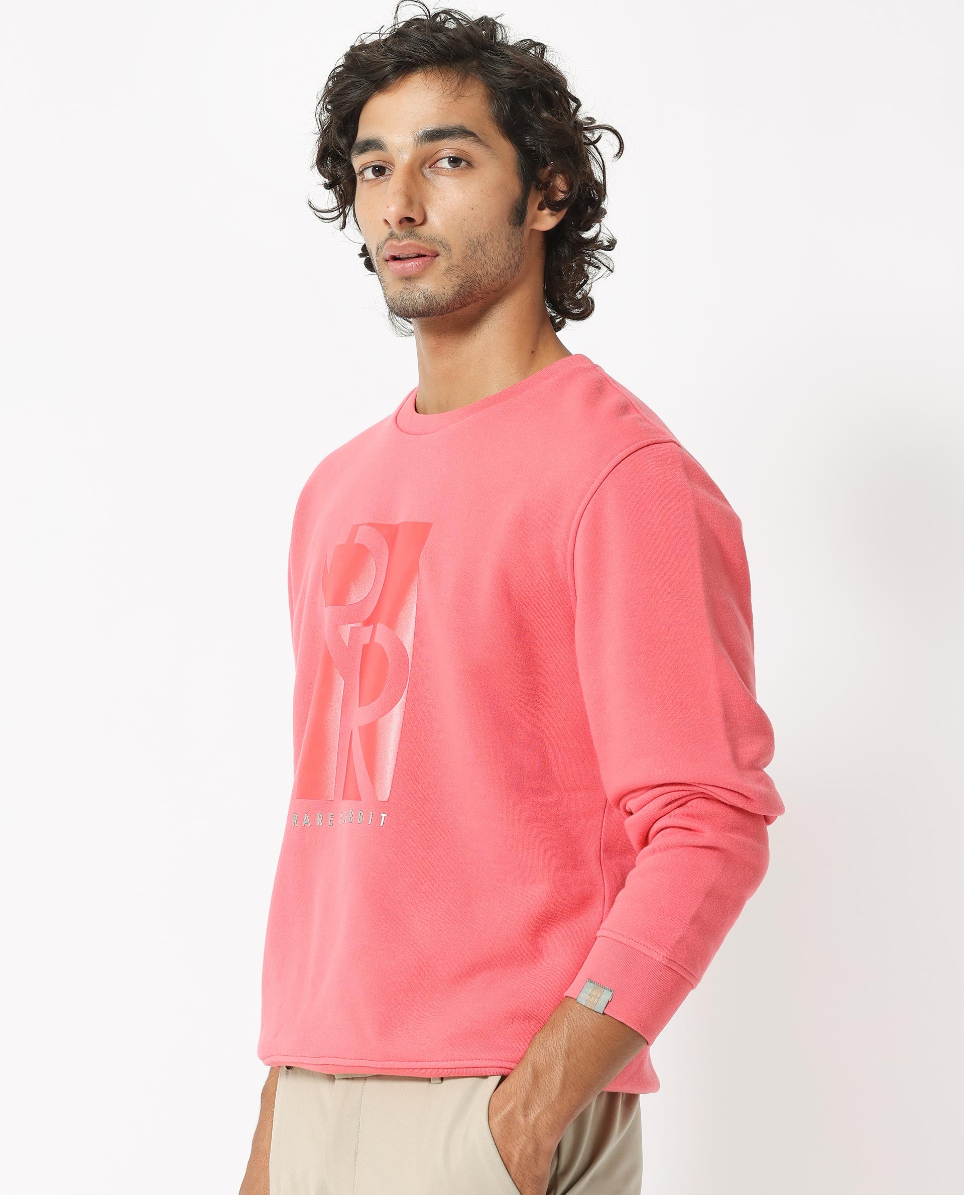 Rare Rabbit Men's Depth Red Cotton Polyester Fabric Full Sleeves Graphic Print Knitted Sweatshirt