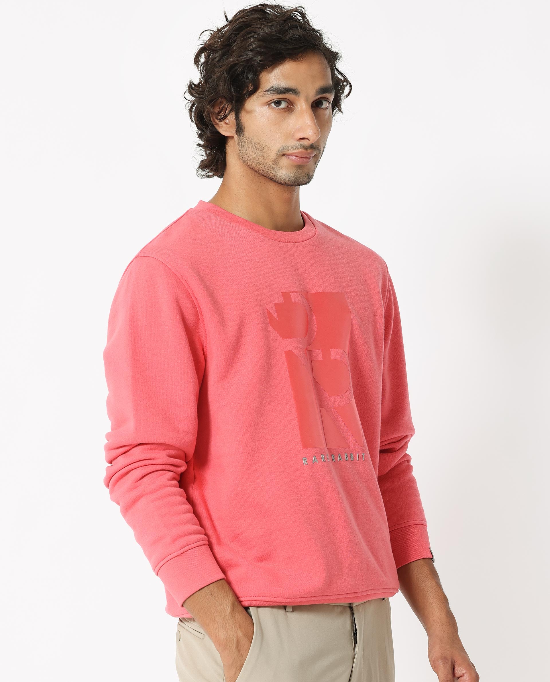Rare Rabbit Men's Depth Red Cotton Polyester Fabric Full Sleeves Graphic Print Knitted Sweatshirt