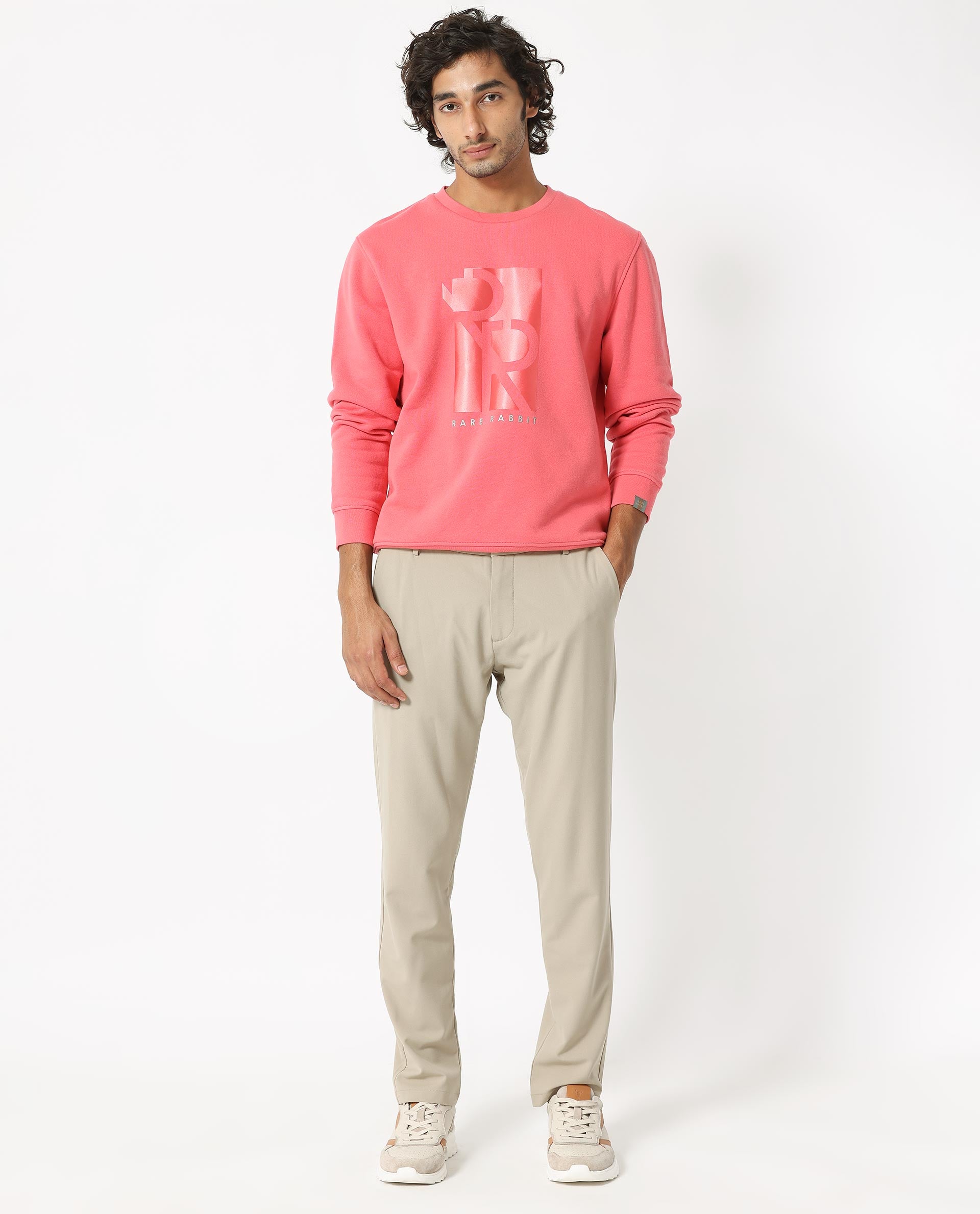 Rare Rabbit Men's Depth Red Cotton Polyester Fabric Full Sleeves Graphic Print Knitted Sweatshirt