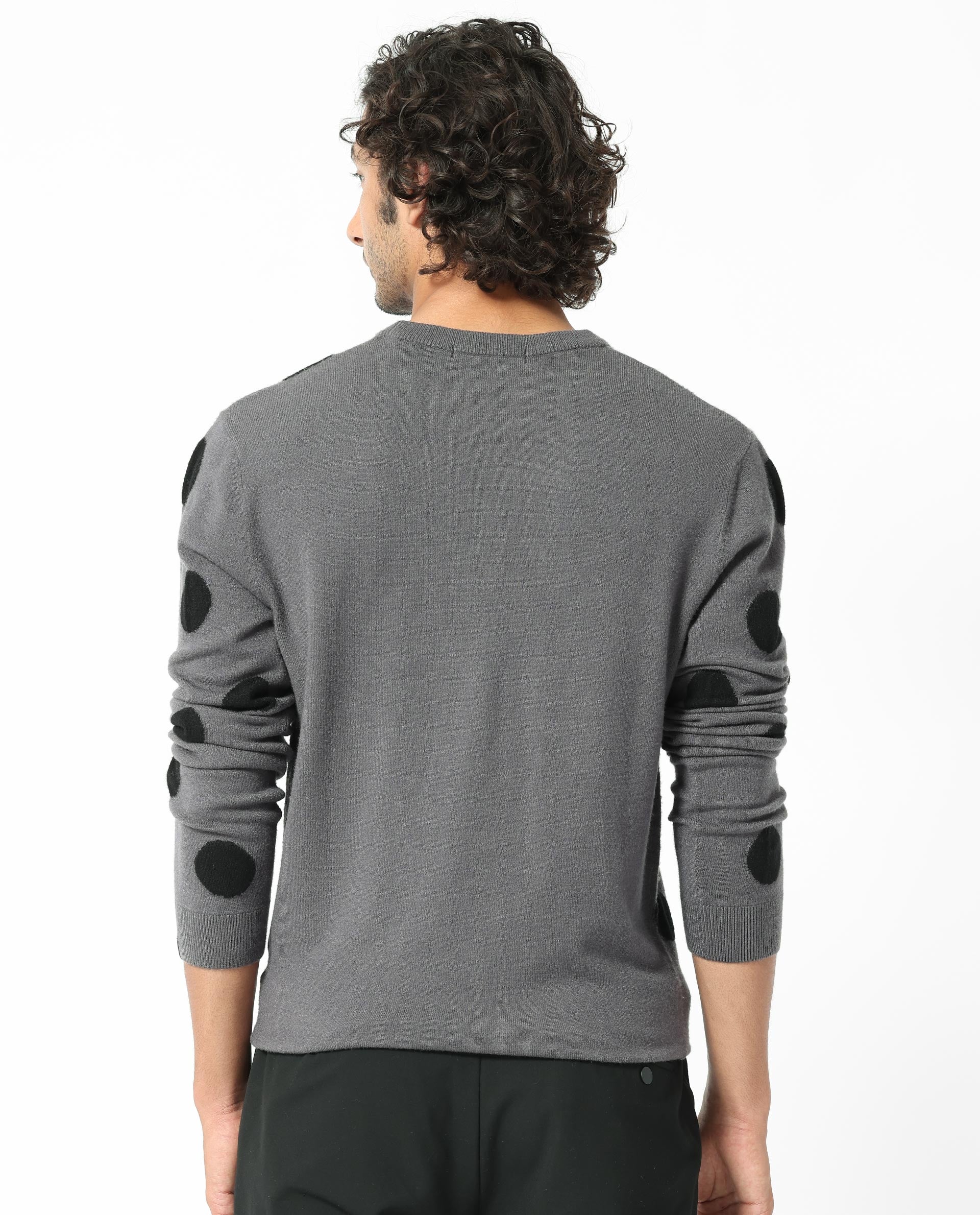 Rare Rabbit Men's Deremy Grey Viscose Polyester Nylon Fabric Full Sleeves Knitted Polka Dot Sweater