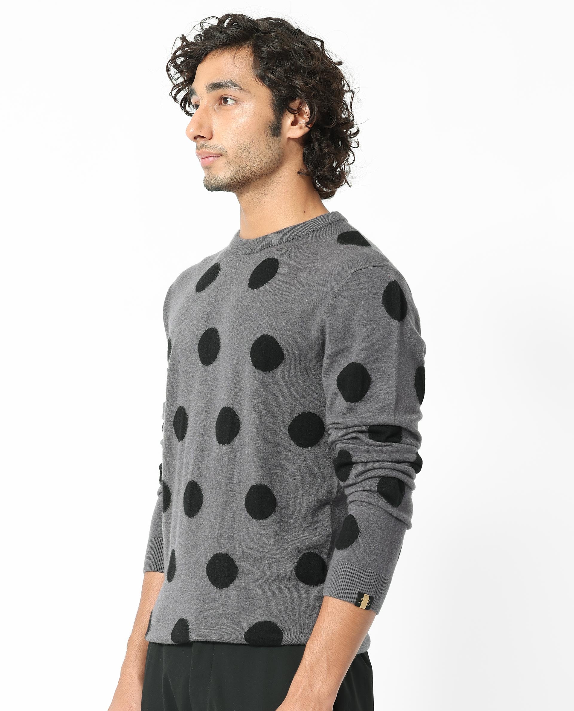 Rare Rabbit Men's Deremy Grey Viscose Polyester Nylon Fabric Full Sleeves Knitted Polka Dot Sweater