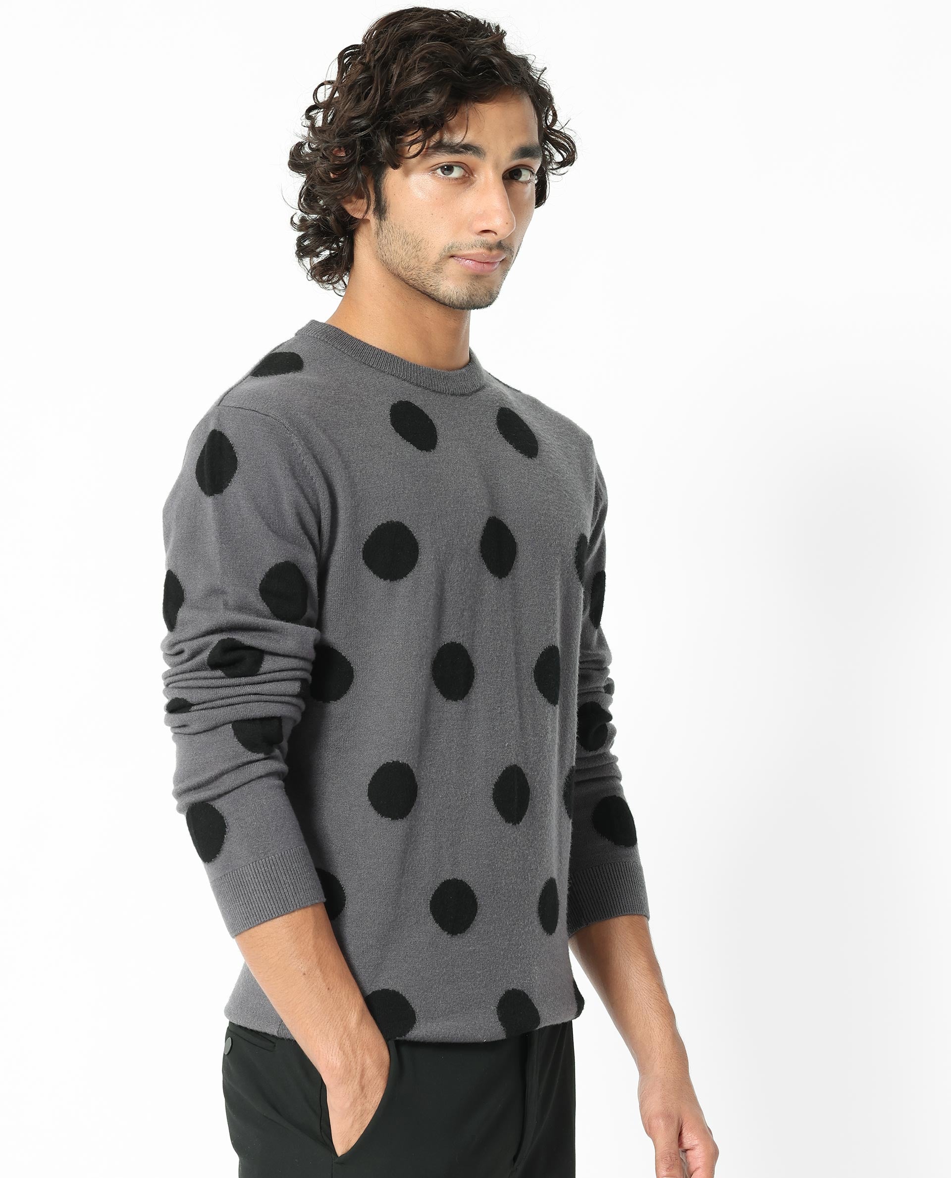Rare Rabbit Men's Deremy Grey Viscose Polyester Nylon Fabric Full Sleeves Knitted Polka Dot Sweater