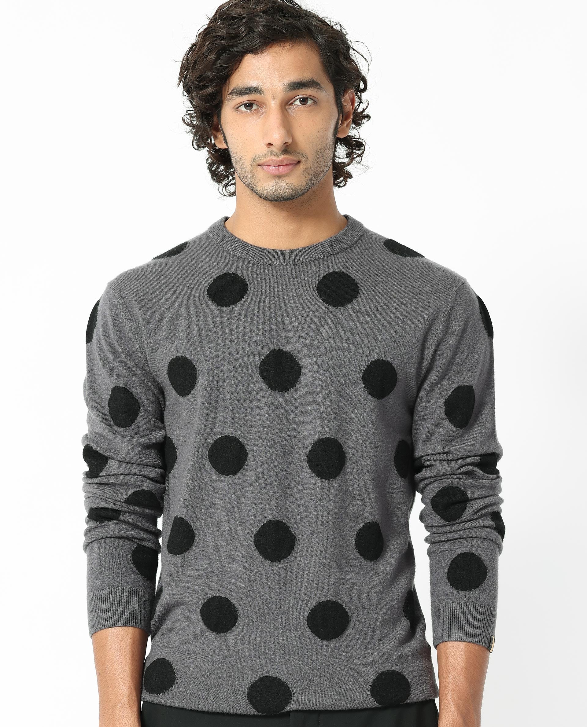 Rare Rabbit Men's Deremy Grey Viscose Polyester Nylon Fabric Full Sleeves Knitted Polka Dot Sweater