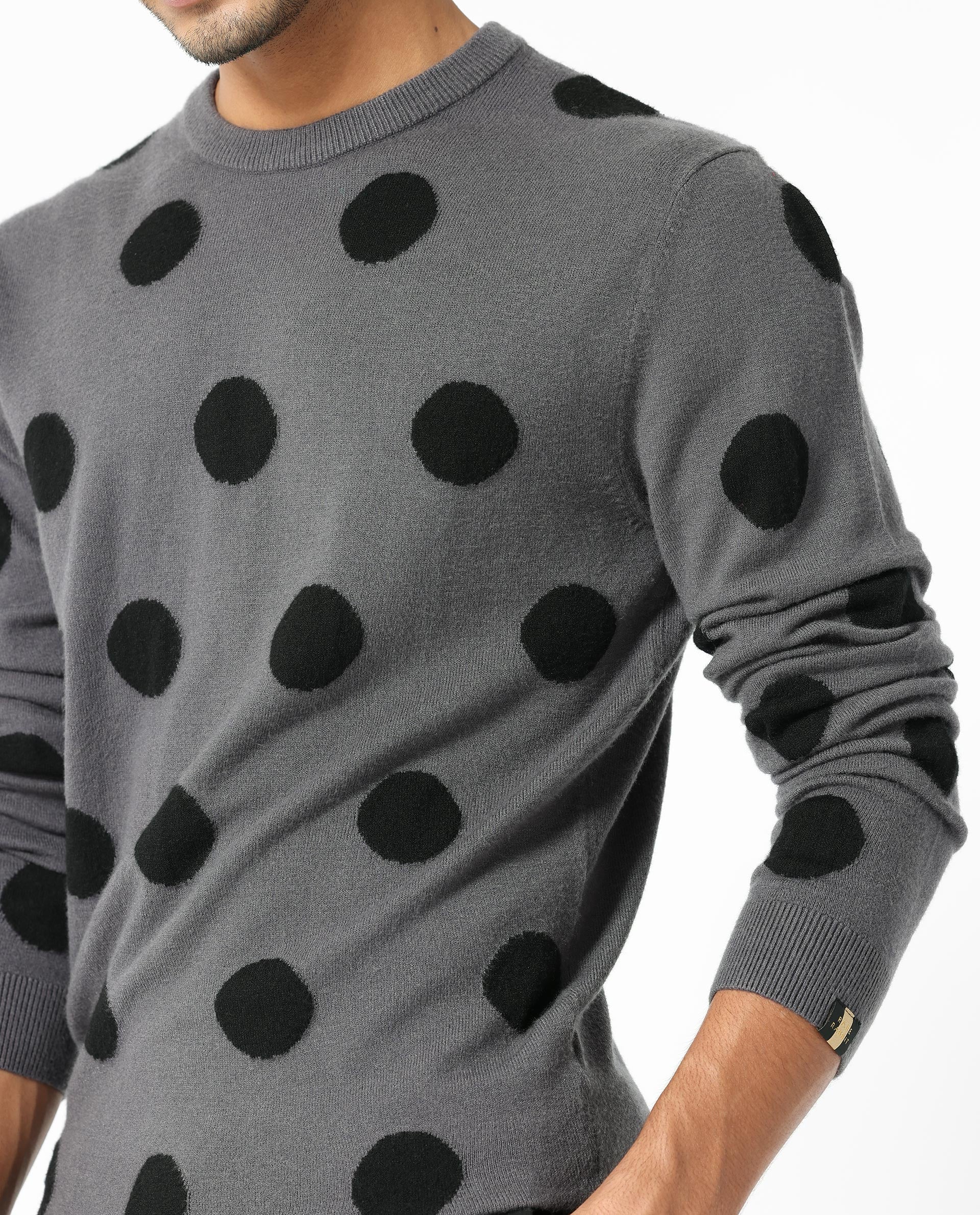 Rare Rabbit Men's Deremy Grey Viscose Polyester Nylon Fabric Full Sleeves Knitted Polka Dot Sweater
