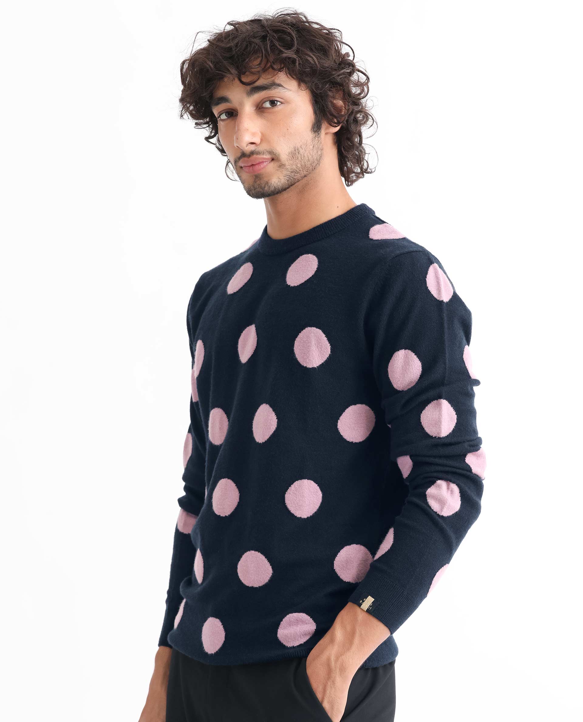 Rare Rabbit Mens Deremy Navy Viscose Polyester Nylon Fabric Full Sleeves Relaxed Fit Polka Print Sweater
