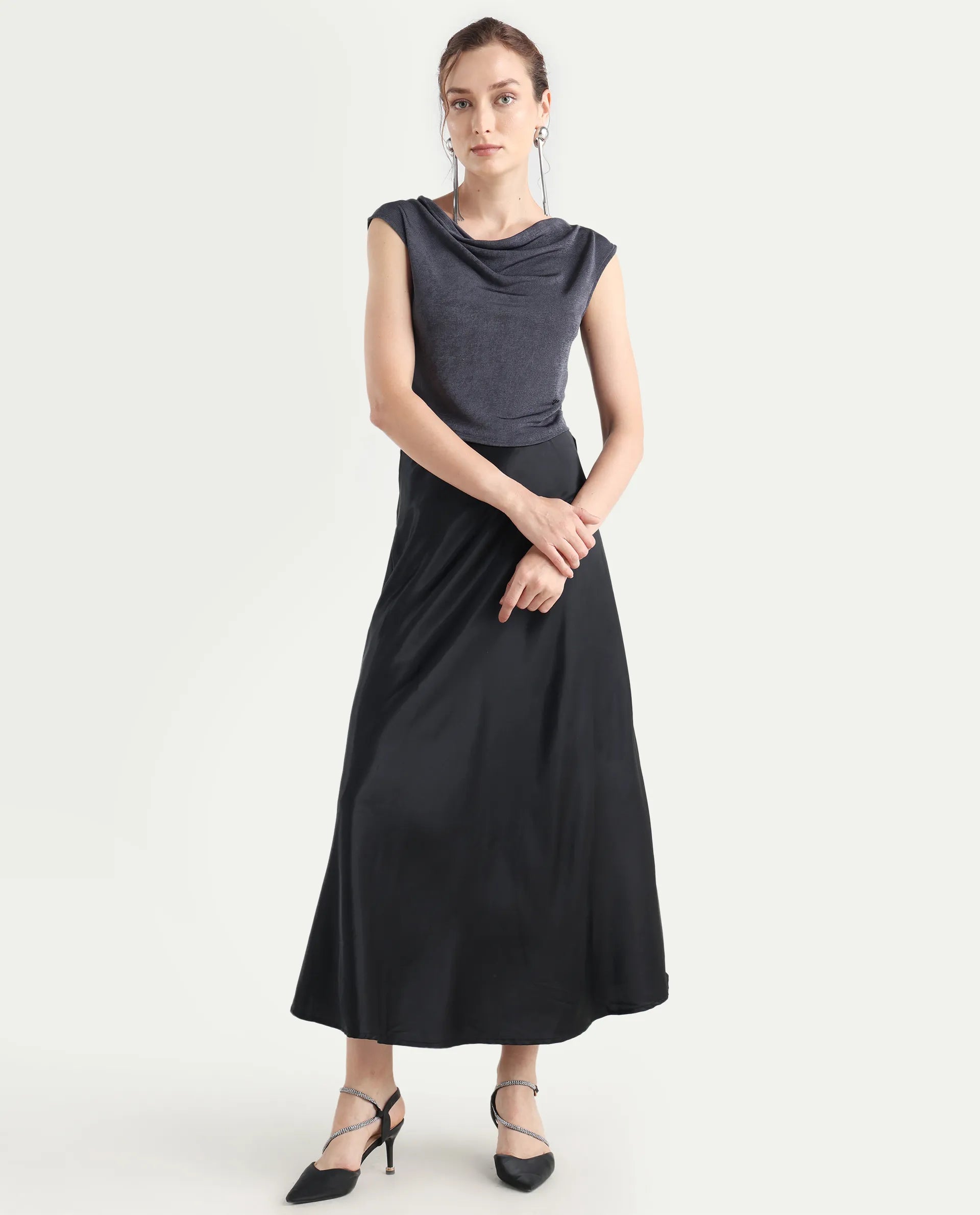 Rareism Women's Derep B Black Satin Plain Ankle Length Straight Fit Skirt