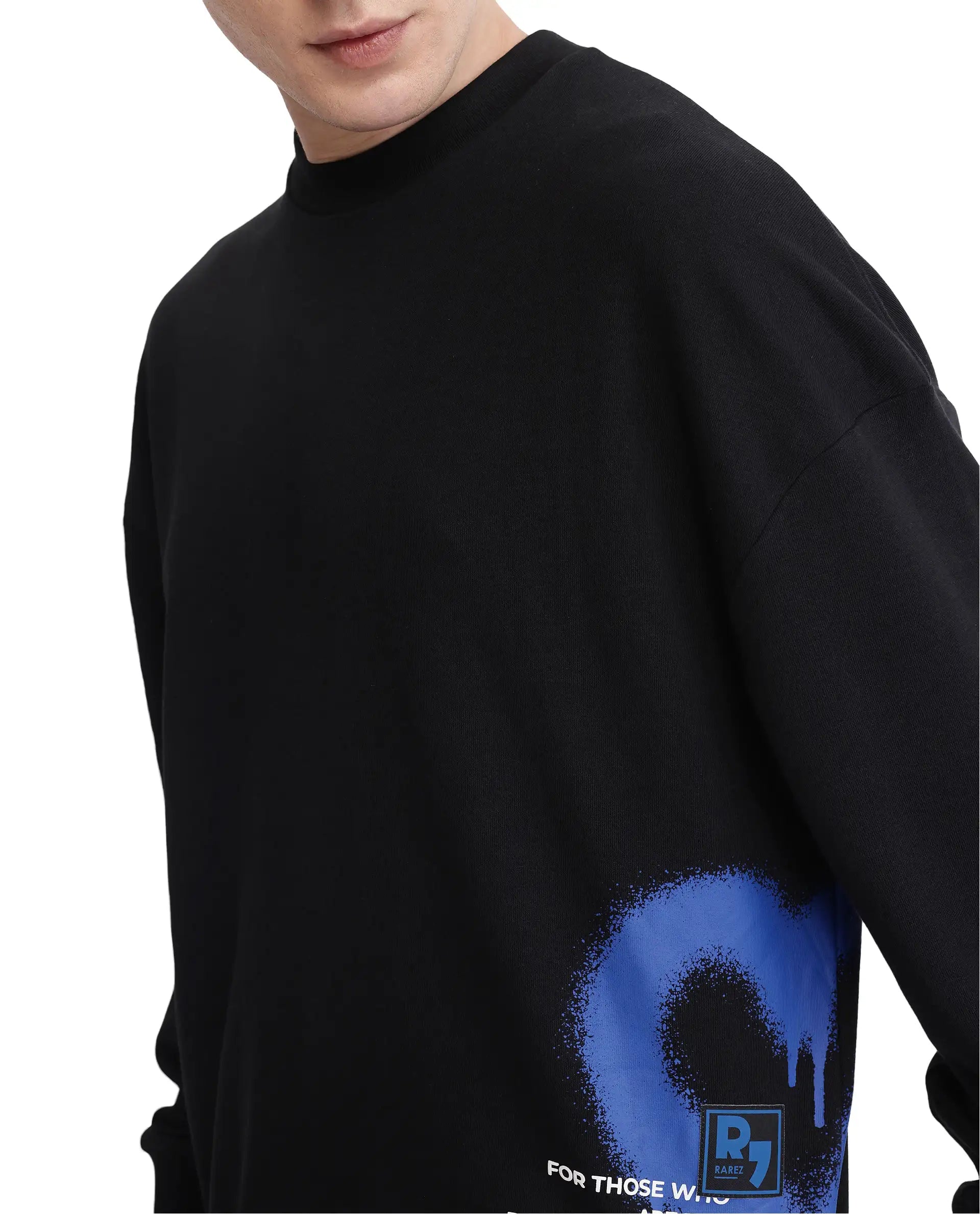 Rare Rabbit Men Deric Black Cotton Blend Fabric Full Sleeve Boxy Fit Placement Printed Sweatshirt
