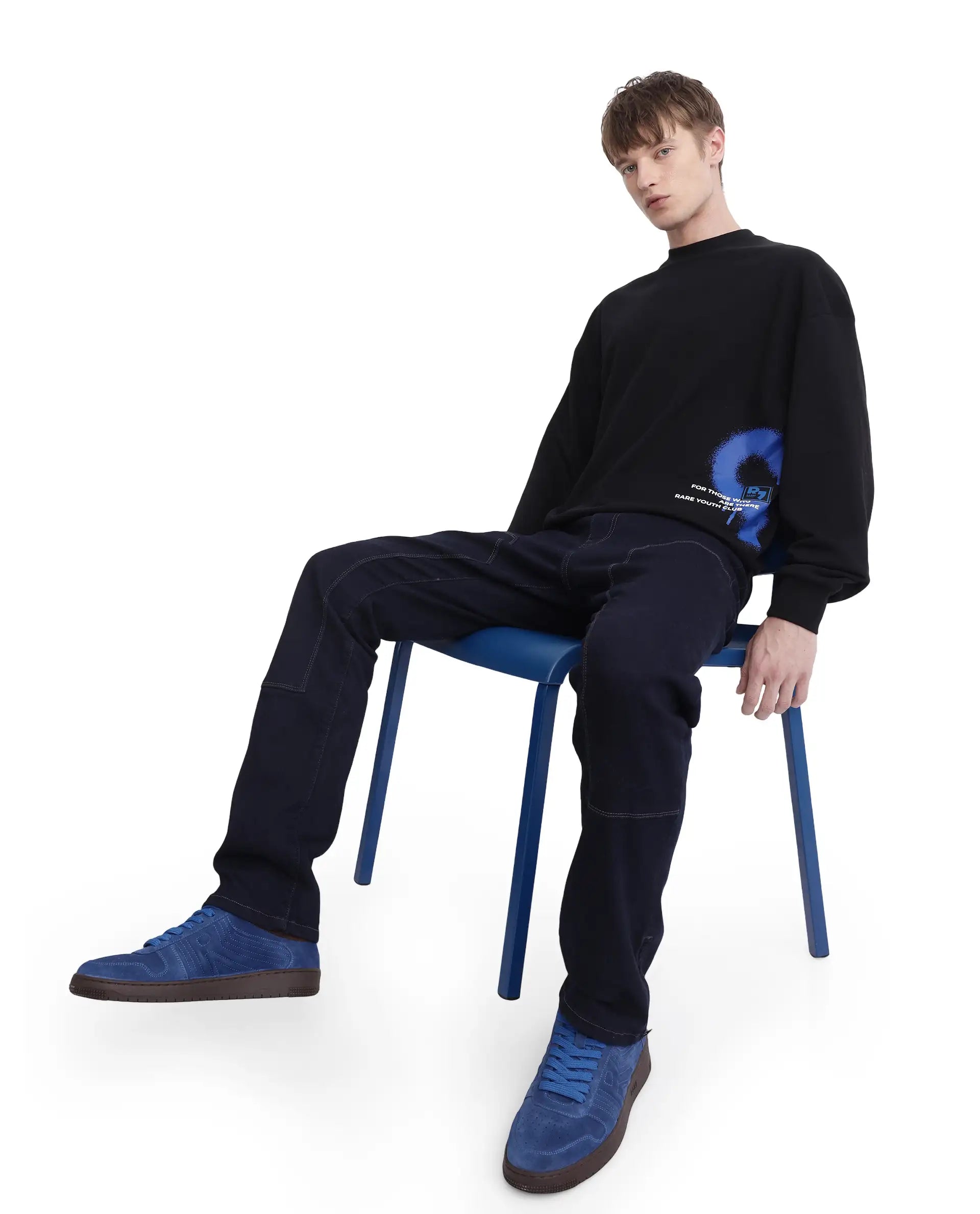 Rare Rabbit Men Deric Black Cotton Blend Fabric Full Sleeve Boxy Fit Placement Printed Sweatshirt