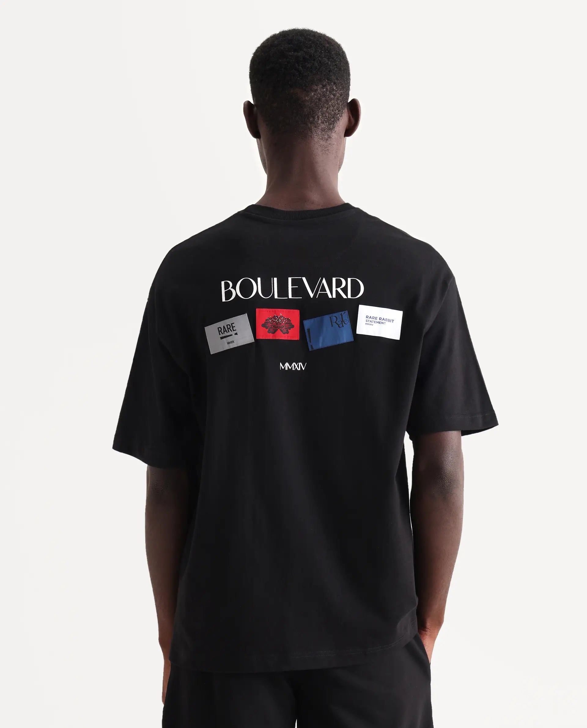 Rare Rabbit Men's Derion Black Cotton Label Print Boxy Fit Half Sleeve Crew Neck T-Shirt