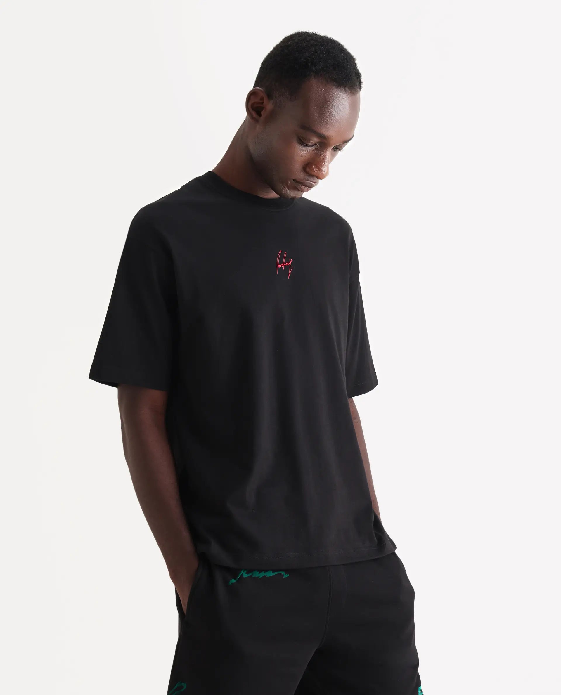 Rare Rabbit Men's Derion Black Cotton Label Print Boxy Fit Half Sleeve Crew Neck T-Shirt