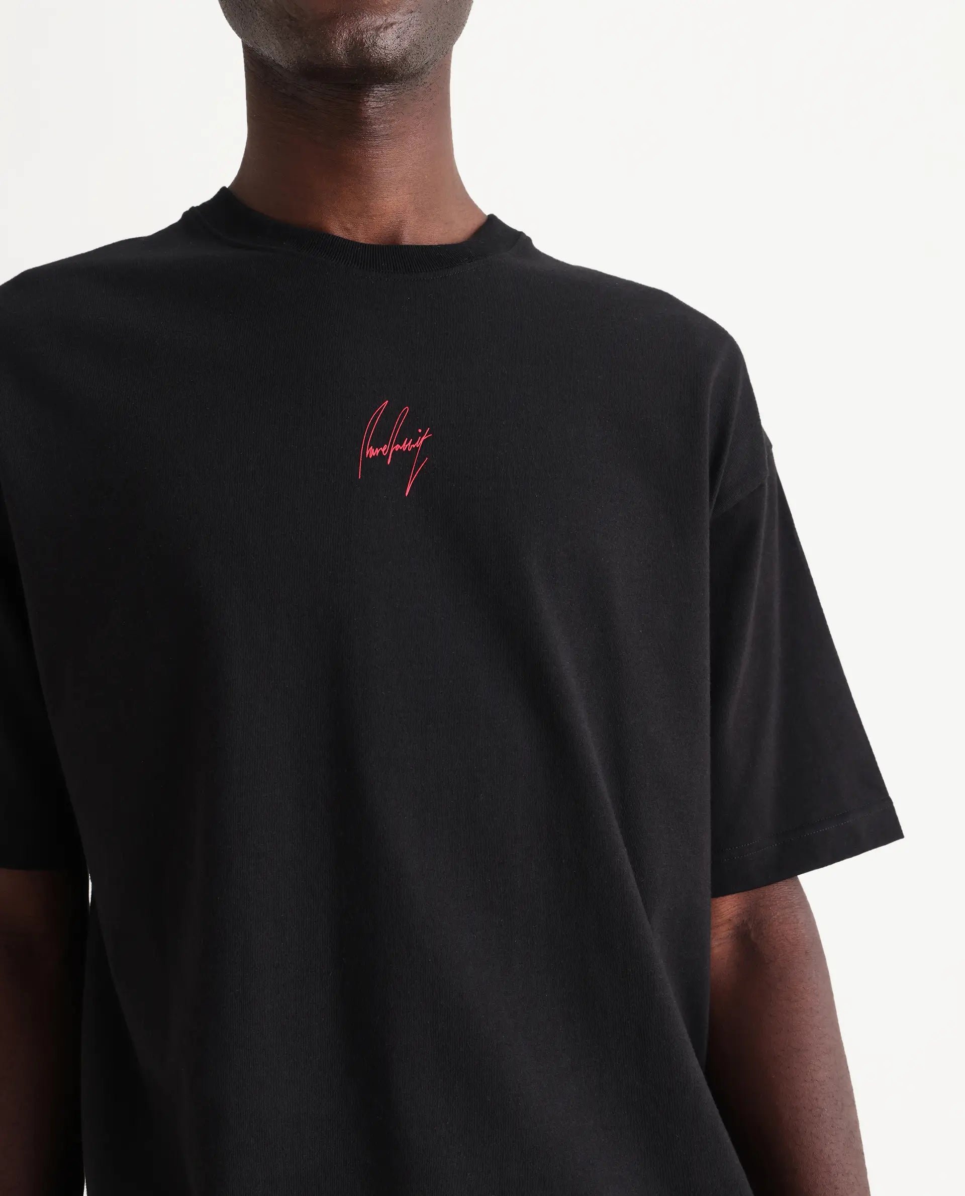 Rare Rabbit Men's Derion Black Cotton Label Print Boxy Fit Half Sleeve Crew Neck T-Shirt