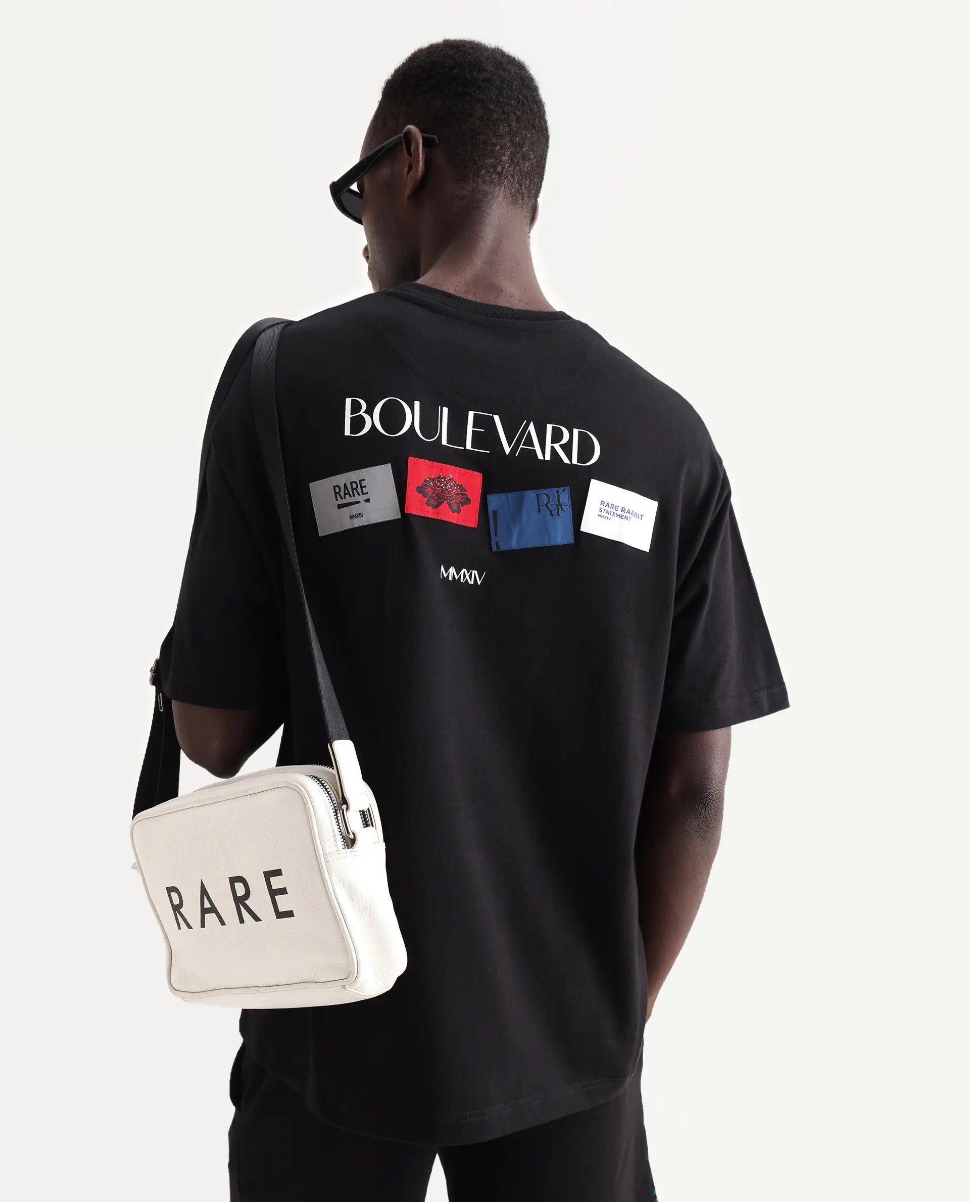 Rare Rabbit Men's Derion Black Cotton Label Print Boxy Fit Half Sleeve Crew Neck T-Shirt