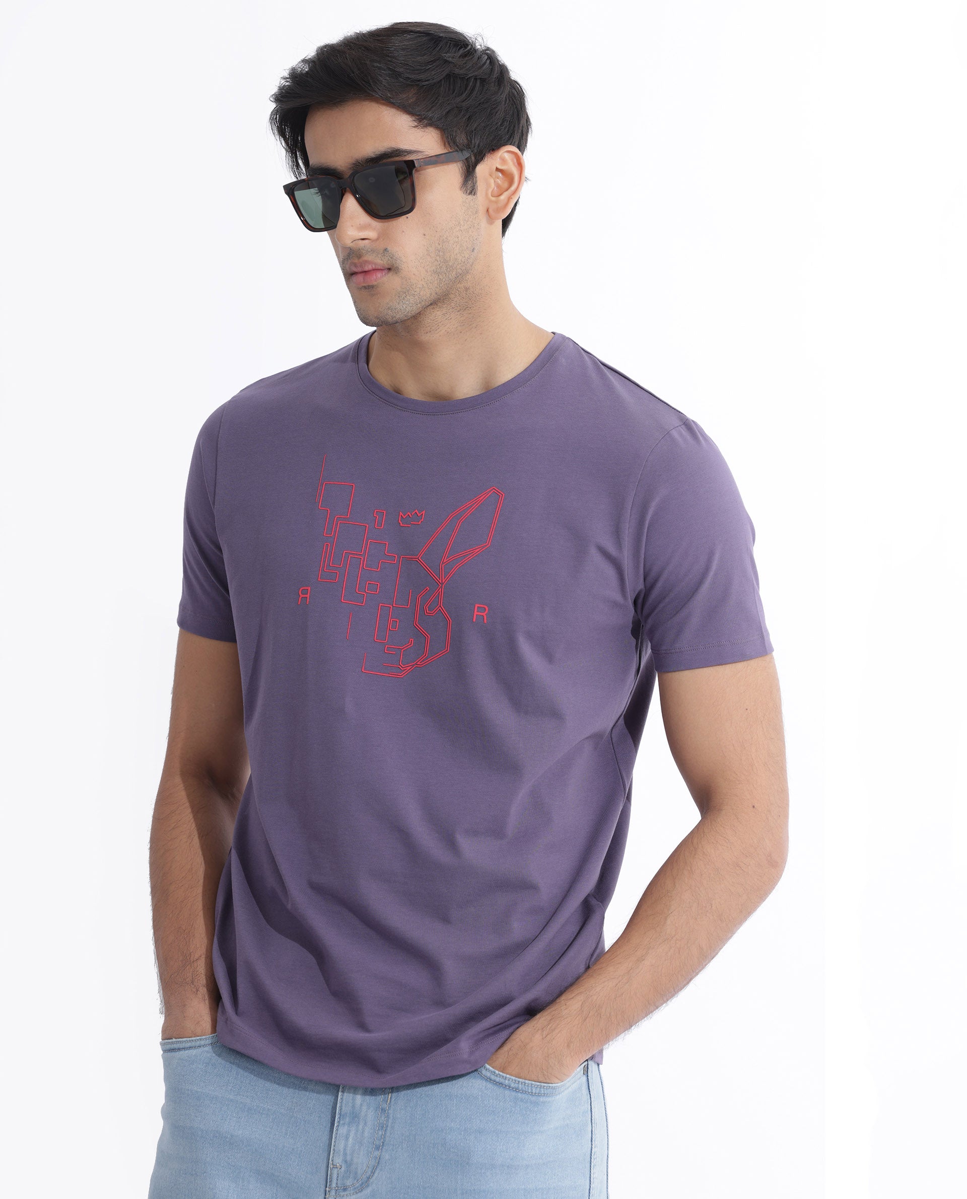 Rare Rabbit Men's Dern Dusky Purple Cotton Fabric Half Sleeves Logo Graphic Print T-Shirt