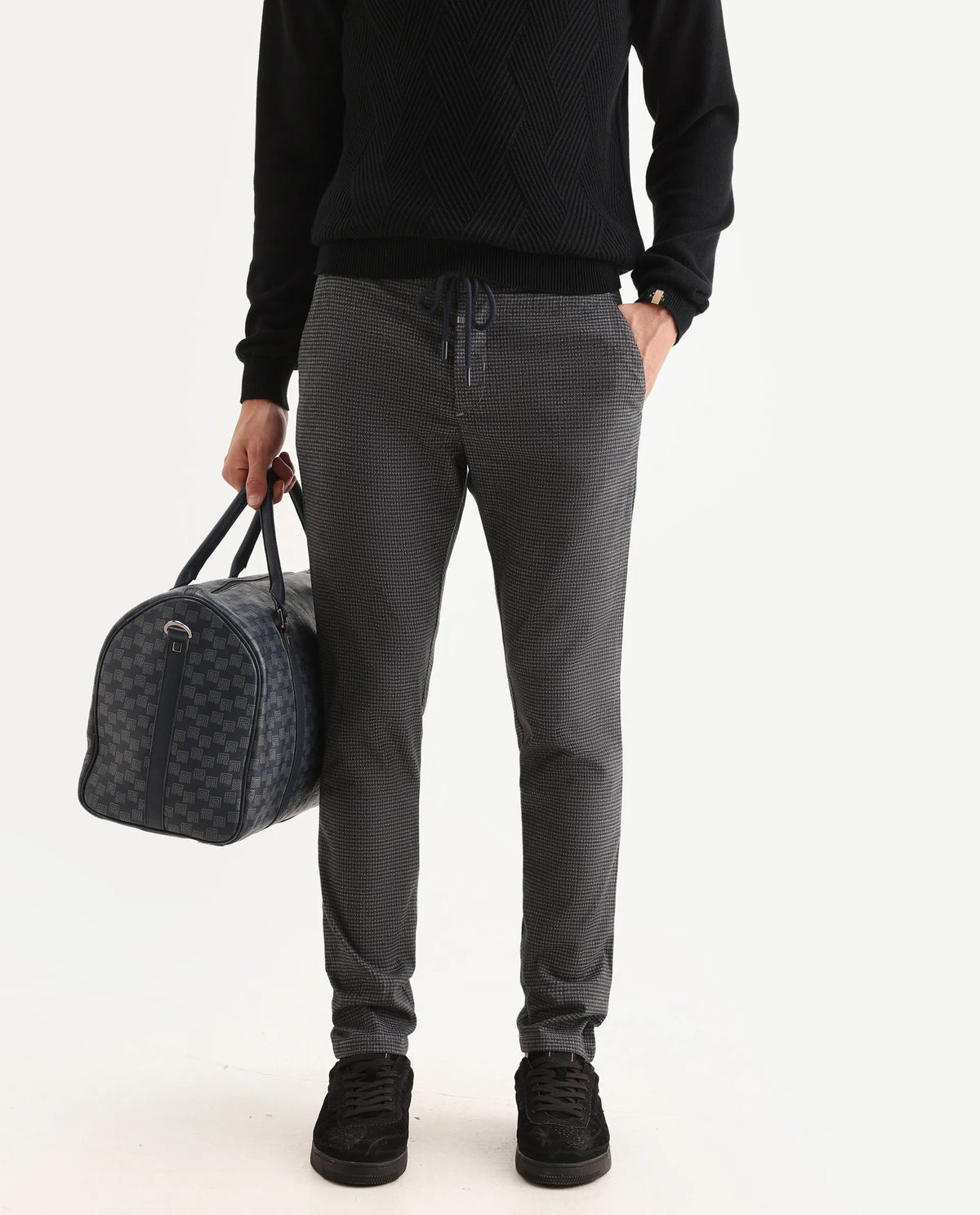 Rare Rabbit Men's Deros Dark Grey Cotton Checked Print Regular Fit Trouser