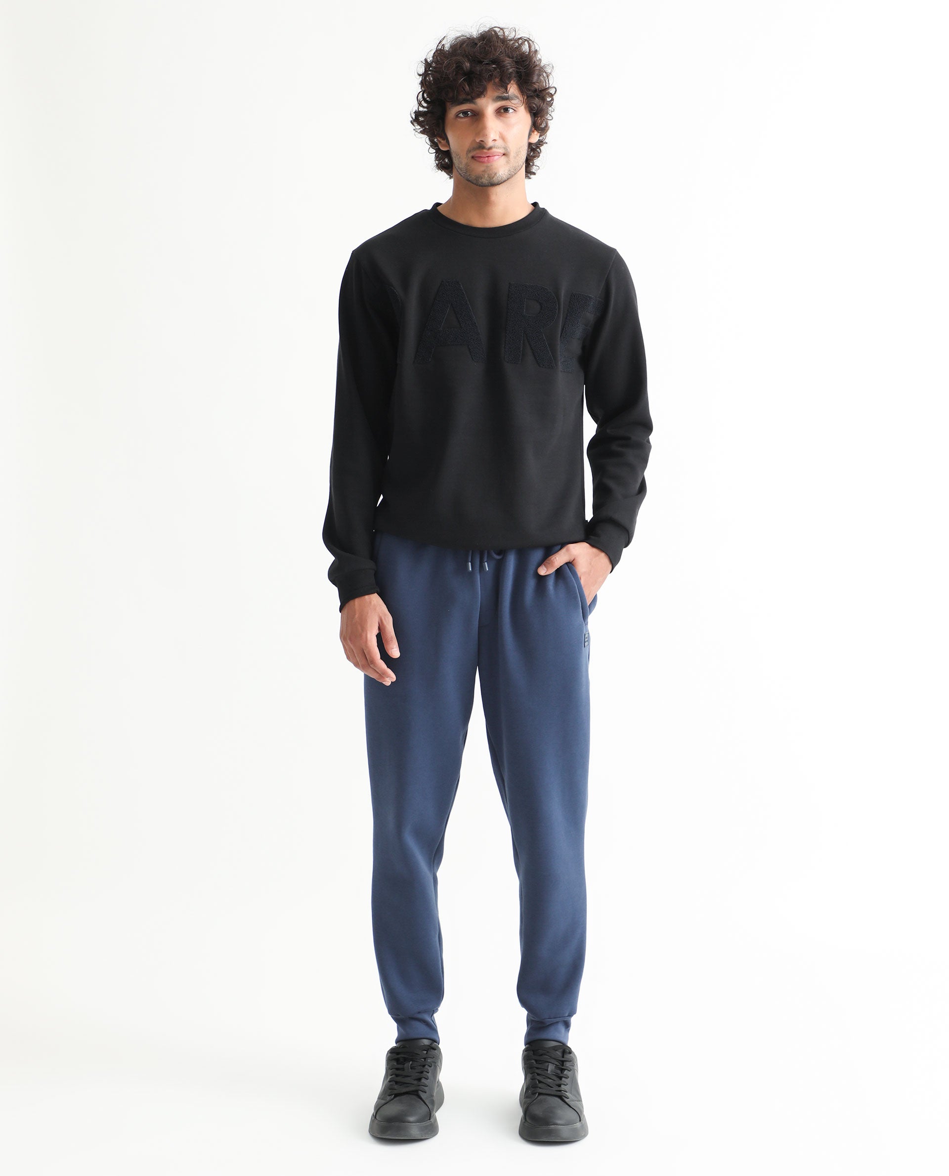 Rare Rabbit Mens Derry Dusky Blue Cotton Polyester Fabric Drawstring Closure Regular Fit Mid Rise Trackpant