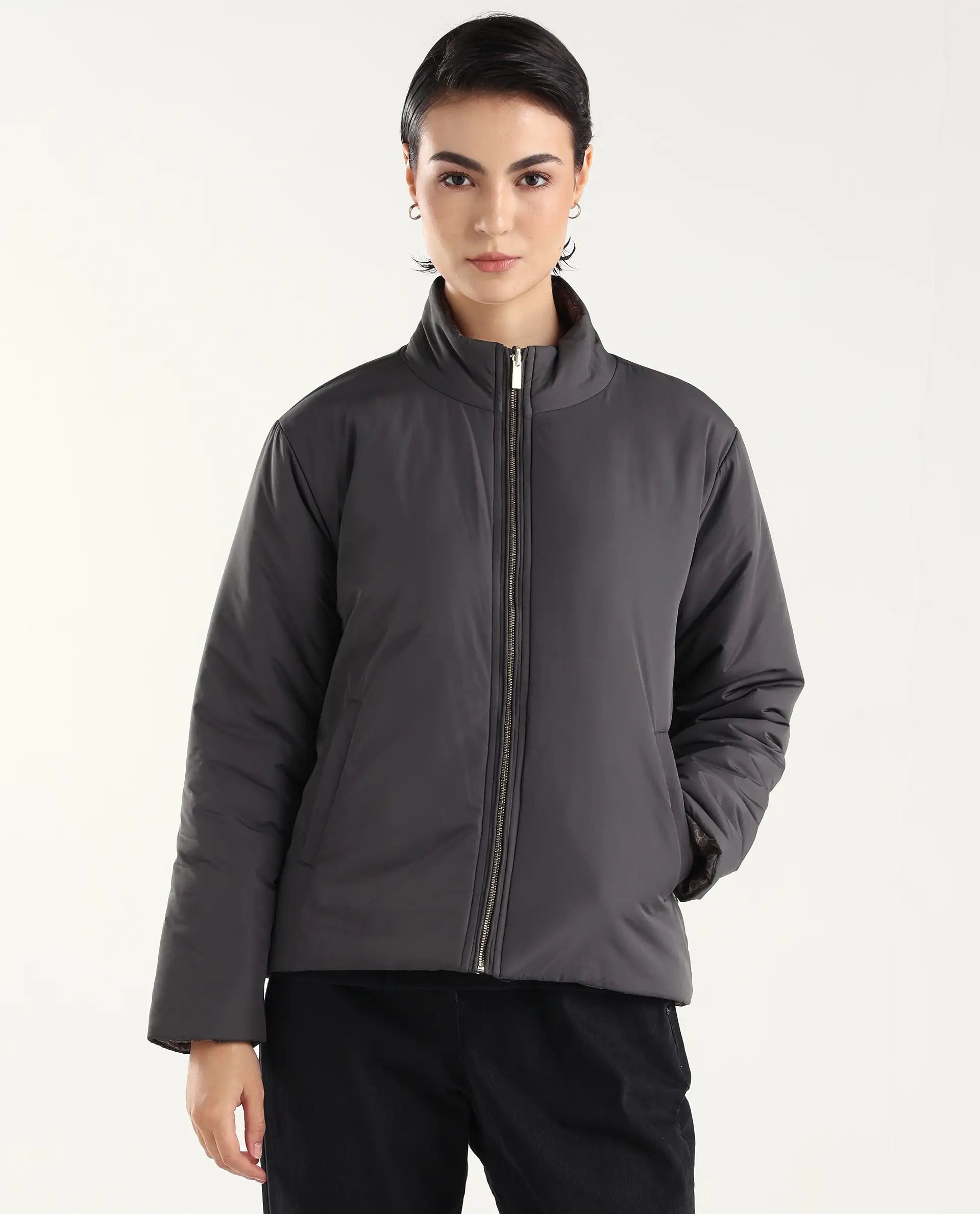 Rareism Women's Derry-W Olive Polyester Crew Neck Jacket Geometric Print Jacket